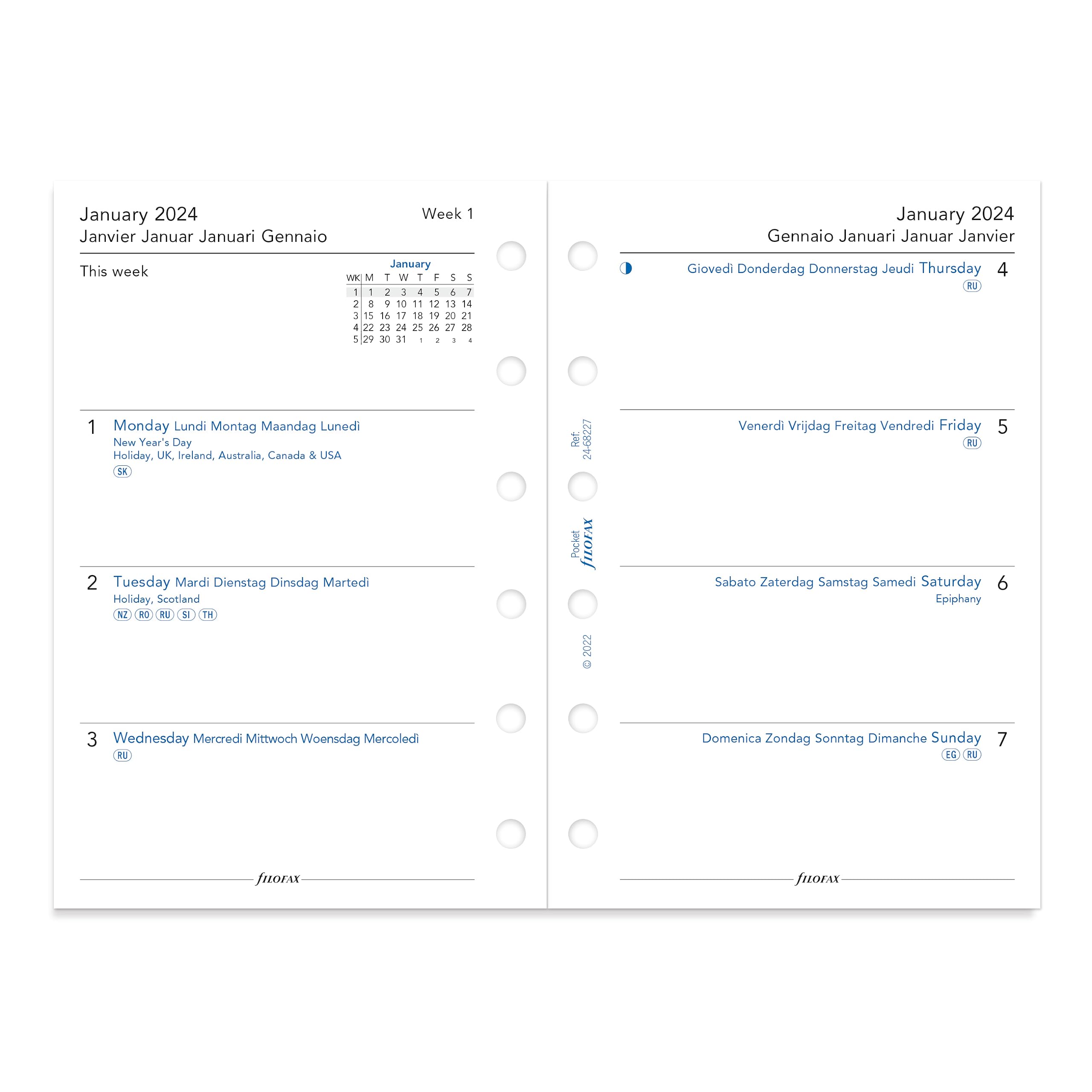 Filofax Saffiano Organizer, Pocket Size, Neo Mint - Cross-Grain, Leather- Look, Six Rings, Week-to-View Calendar Diary, Multilingual, 2024 (C028813-24 - View #6