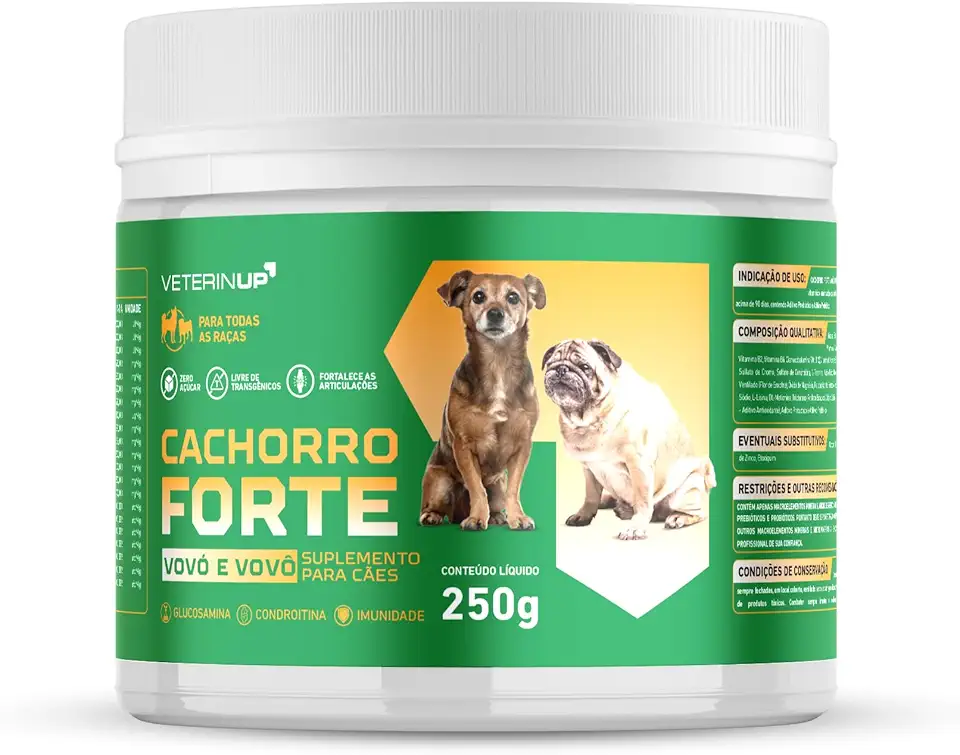 Suplemento Cachorro Forte Vovô e Vovó 250g | Fortalece Ossos, Articulações e Imunidade Canina | Reduz Queda de Pelos, Melhora Digestão e Aumenta a Energia | Desenvolvidos por Veterinários | VeterinUp