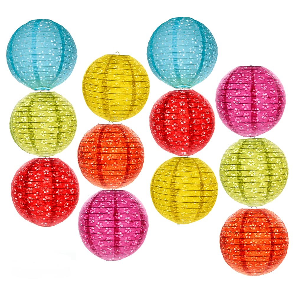 12PCS Hollow Paper Lanterns Chinese Japanese Hanging Decorative Paper Lanterns for Birthday Halloween Wedding Baby Shower Home Decor Party Decoration (Round (Without LED, Tassel and Stick))