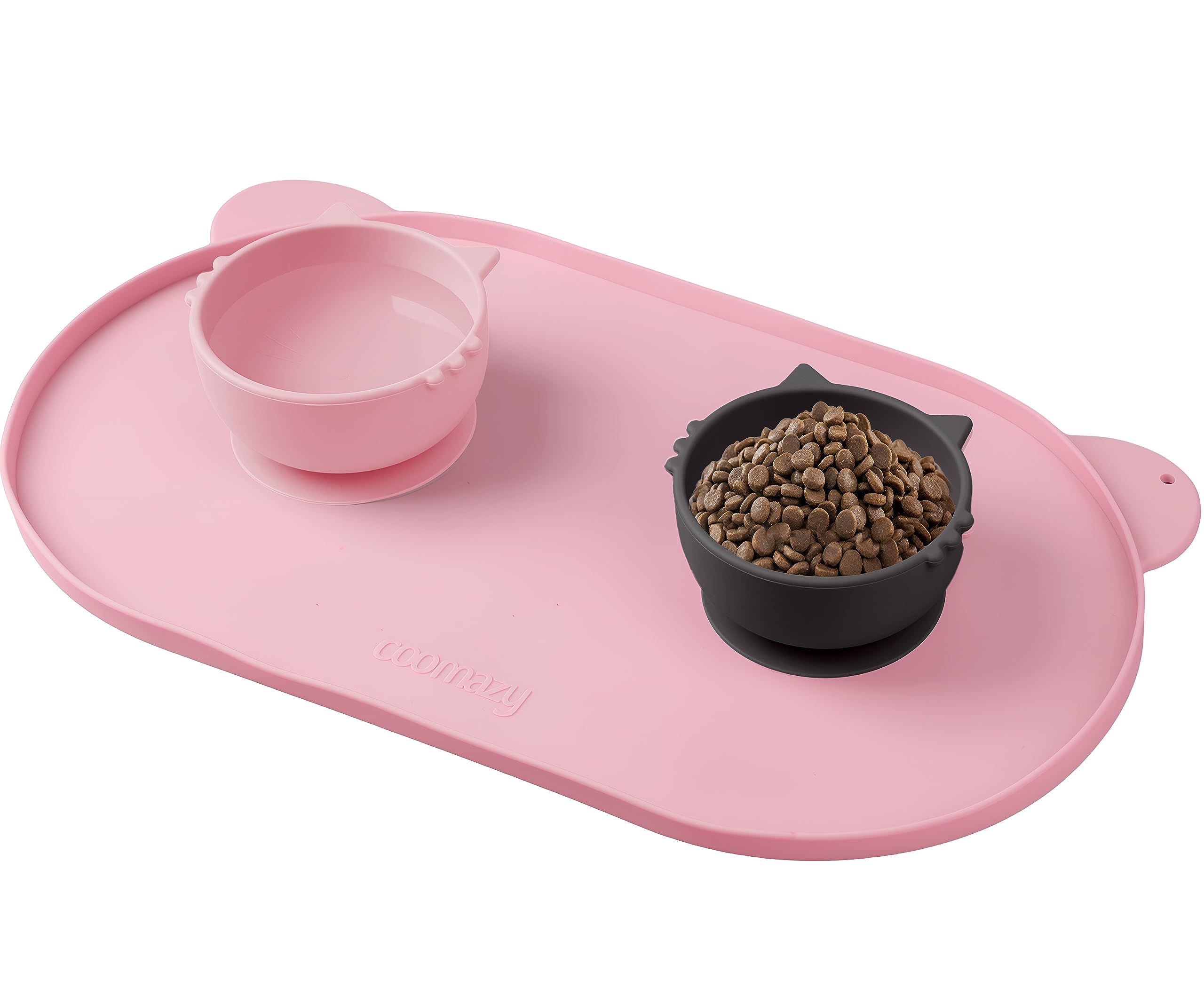 Coomazy Dog Food Mat with Suction Cup, Waterproof and Anti-Slip Silicone Pet Food Mat, Cat Food Mat for Food and Water, Dog Bowl Mat with Edges, Pink