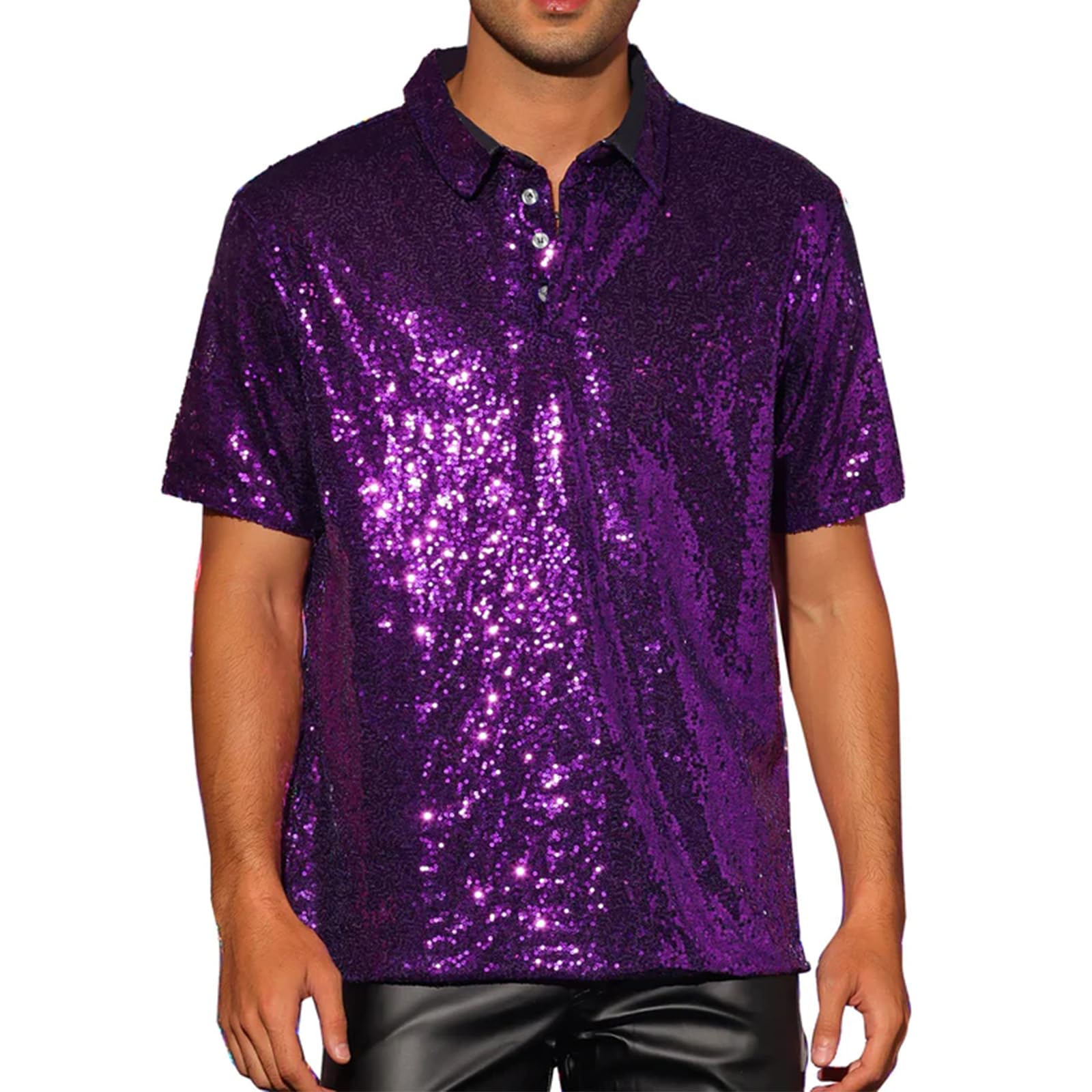 Caziffer Men's Disco Sparkle Sequins Shirt Retro Glitter Party Club Night Out Shiny Stylish Vintage Statement Costume Casual 1/4 Button Short Sleeve Tops for Vacation Streetwear (Purple, M)