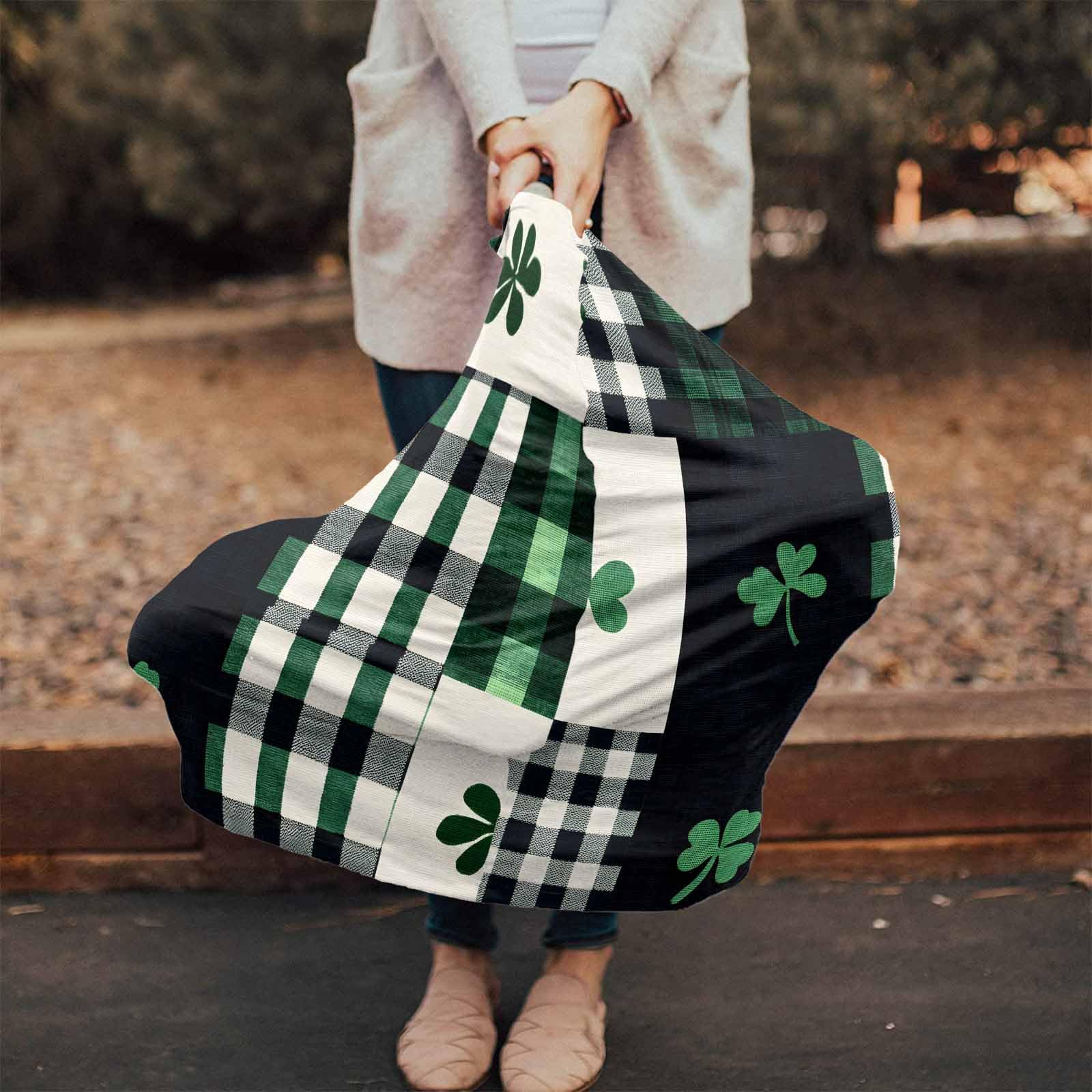 Nursing Cover for Breastfeeding Scarf, Shamrocks Black Green Plaid St. Patrick's Day Baby Car Covers Super Soft Multi Use for Canopy Shopping Cart Cover Blanket Stroller Cover
