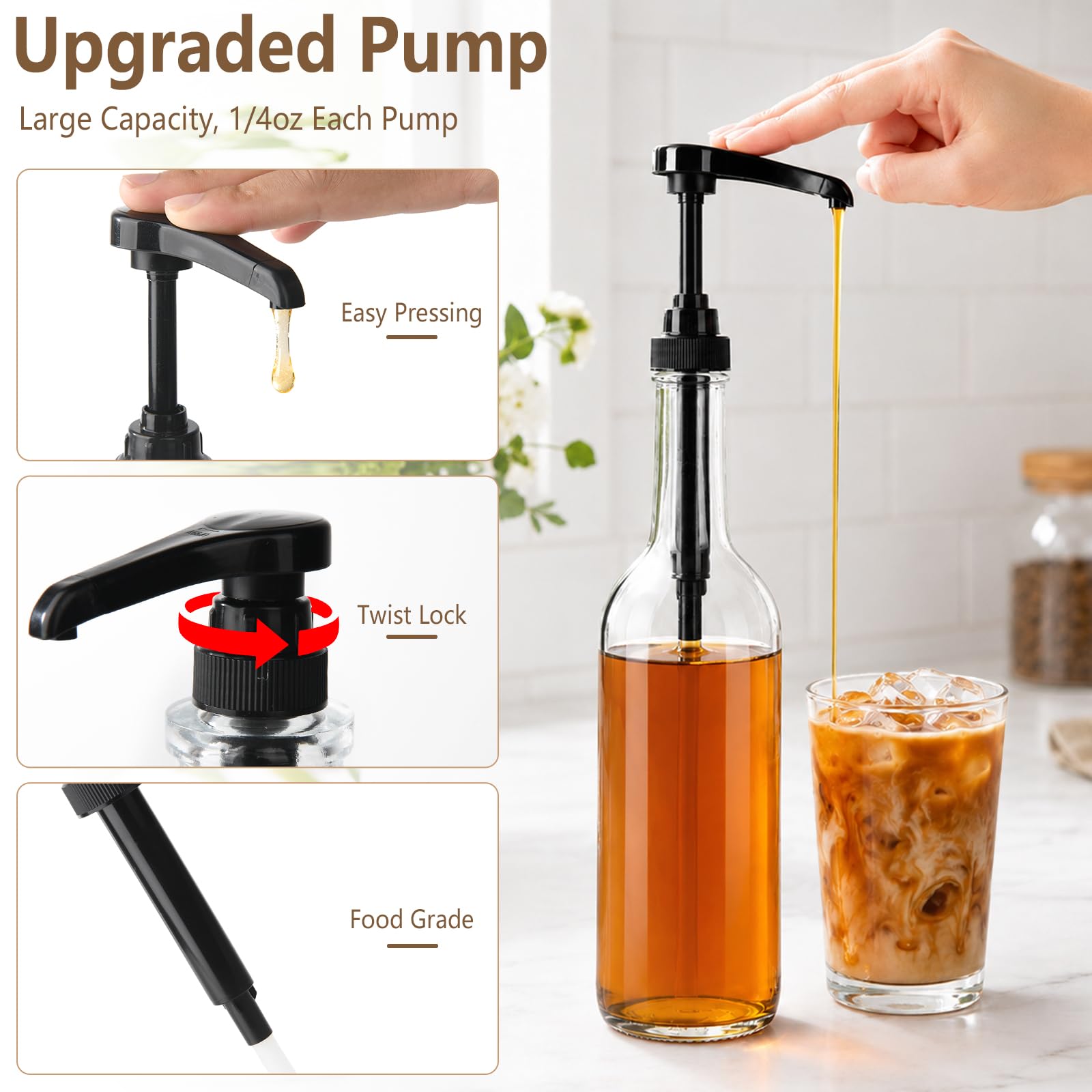YBCPACK Kaffeesirupspender aus Glas, rund, 750 ml, schwarze Pumpe, 3 Stück