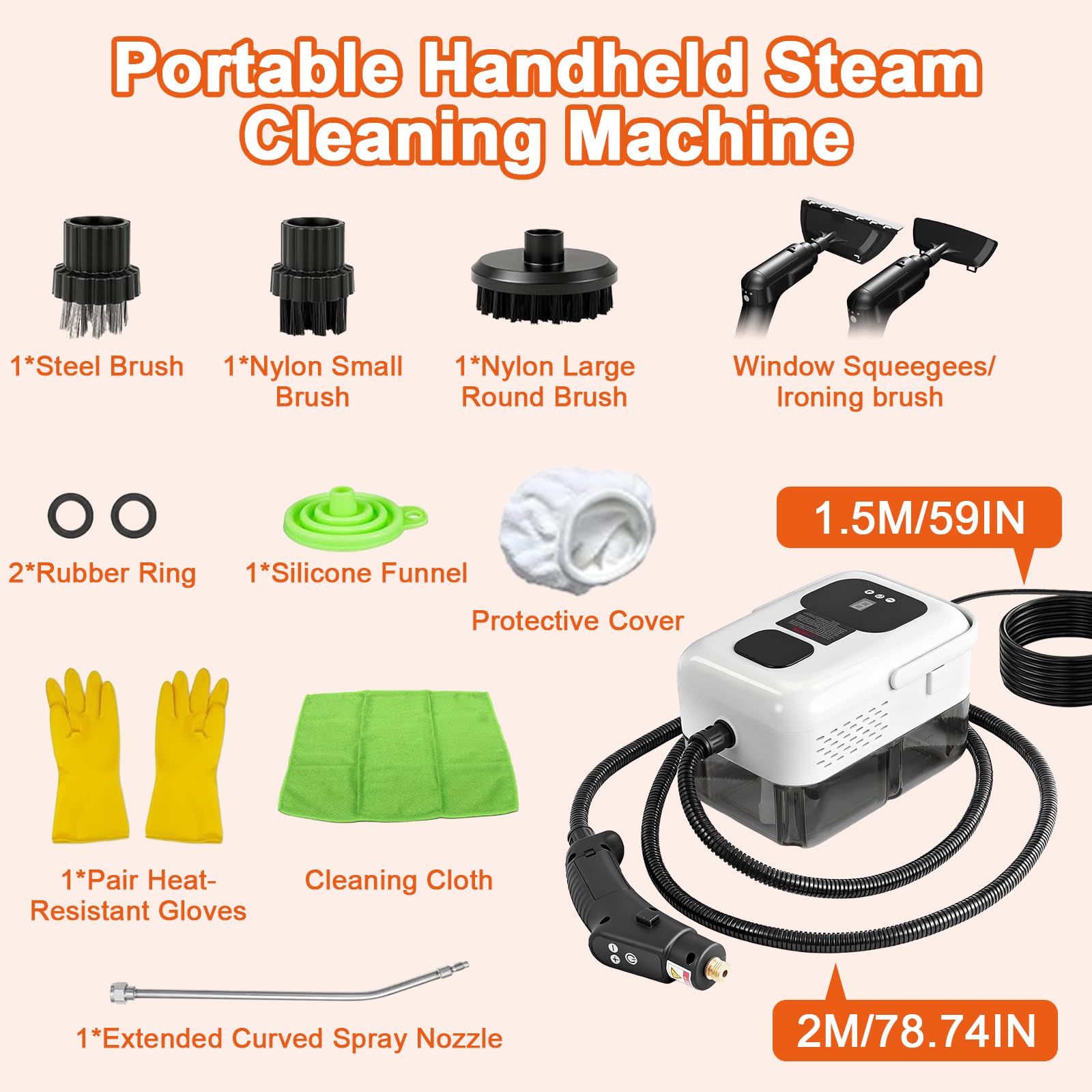 Ręczna myjka parowa z wyświetlaczem cyfrowym, 9-stopniowa regulacja Steam Cleaner, 2500 W, czas nagrzewania 15 sekund, przenośna, wysokociśnieniowa myjka parowa do mebli, sof, płytek, podłóg, okien