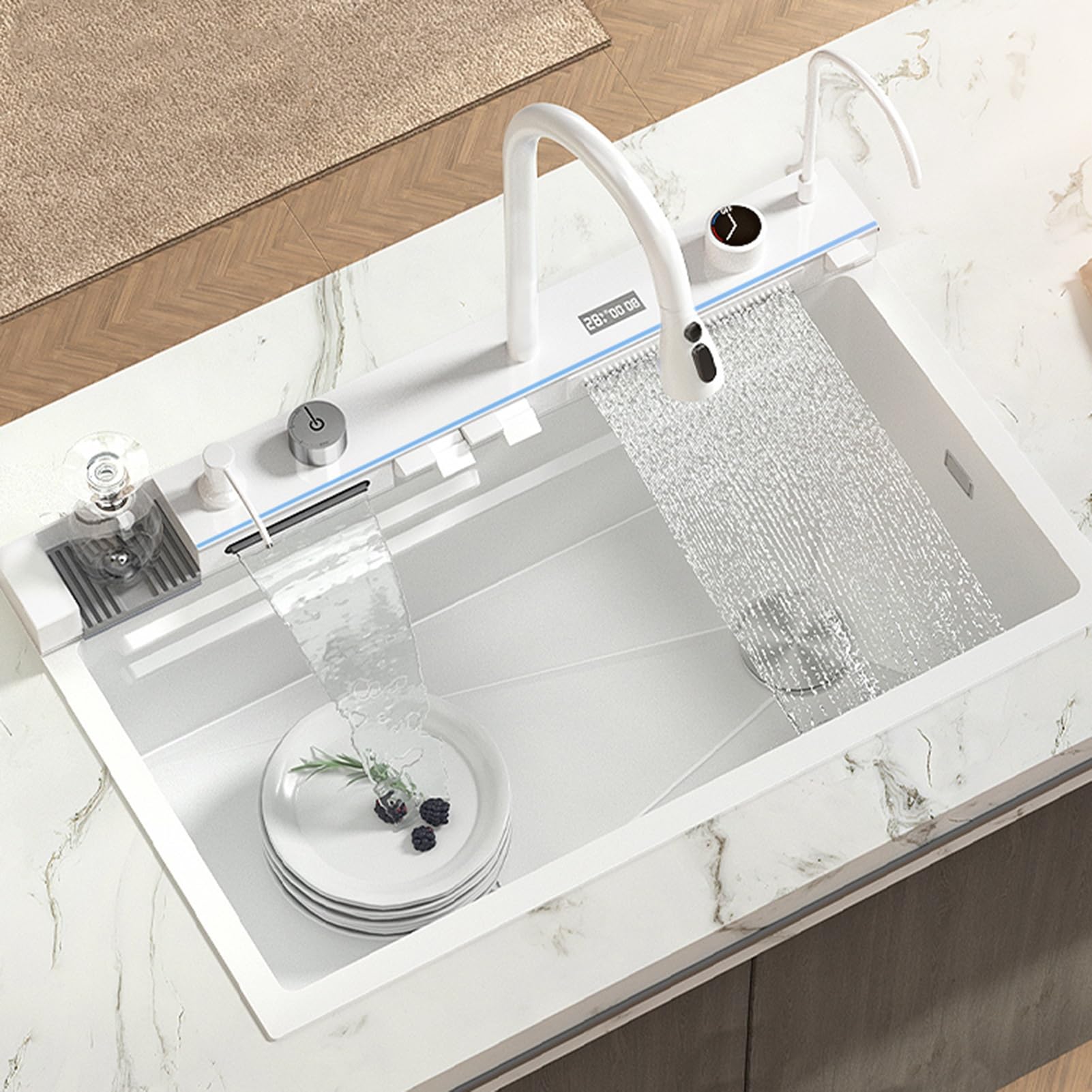 White Kitchen Sink Double Out Water with One-Piece Faucet Digital ...