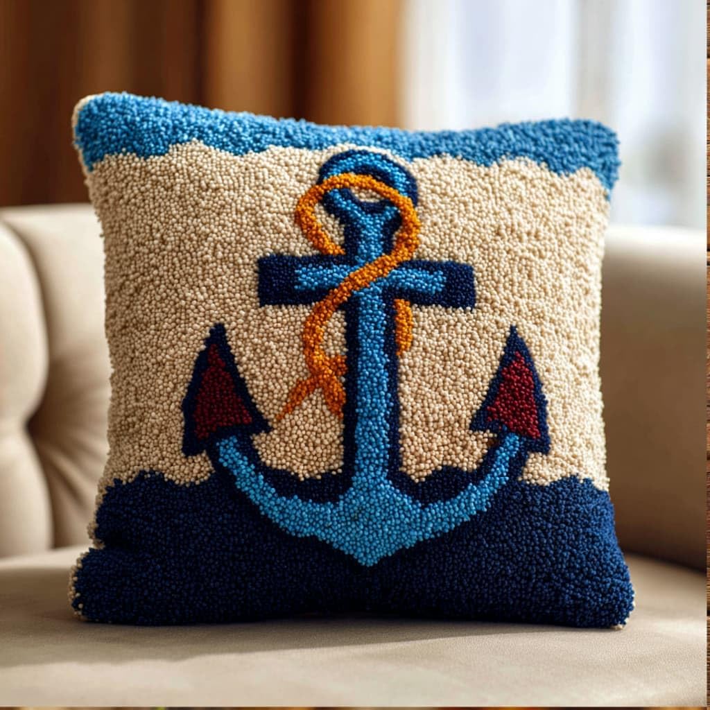 Latch Hook Pillow Kit for Adults,Anchor 43X43Cm Handmade Embroidery Kits,Cross Stitch Sofa Cushion Cover with Crochet Yarn for Beginners and Home Decor