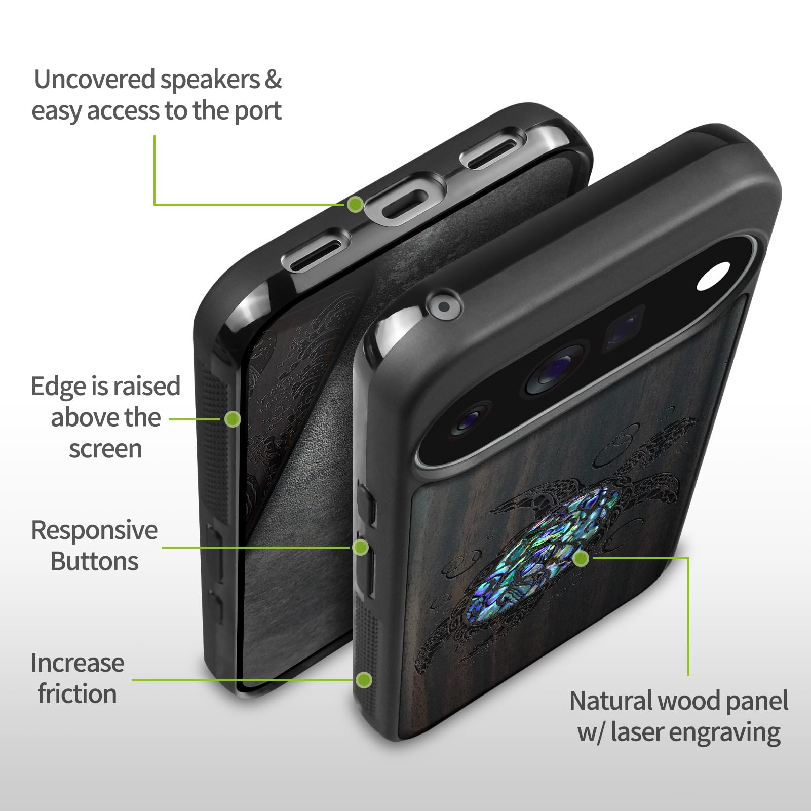 Carveit Madera Funda para Google Pixel 11 (Oscura-Tortuga Marina) | Compatible con MagSafe [Grabado en madera e incrustación de mejillones] Magnética Cover para Pixel 11 Carcasa