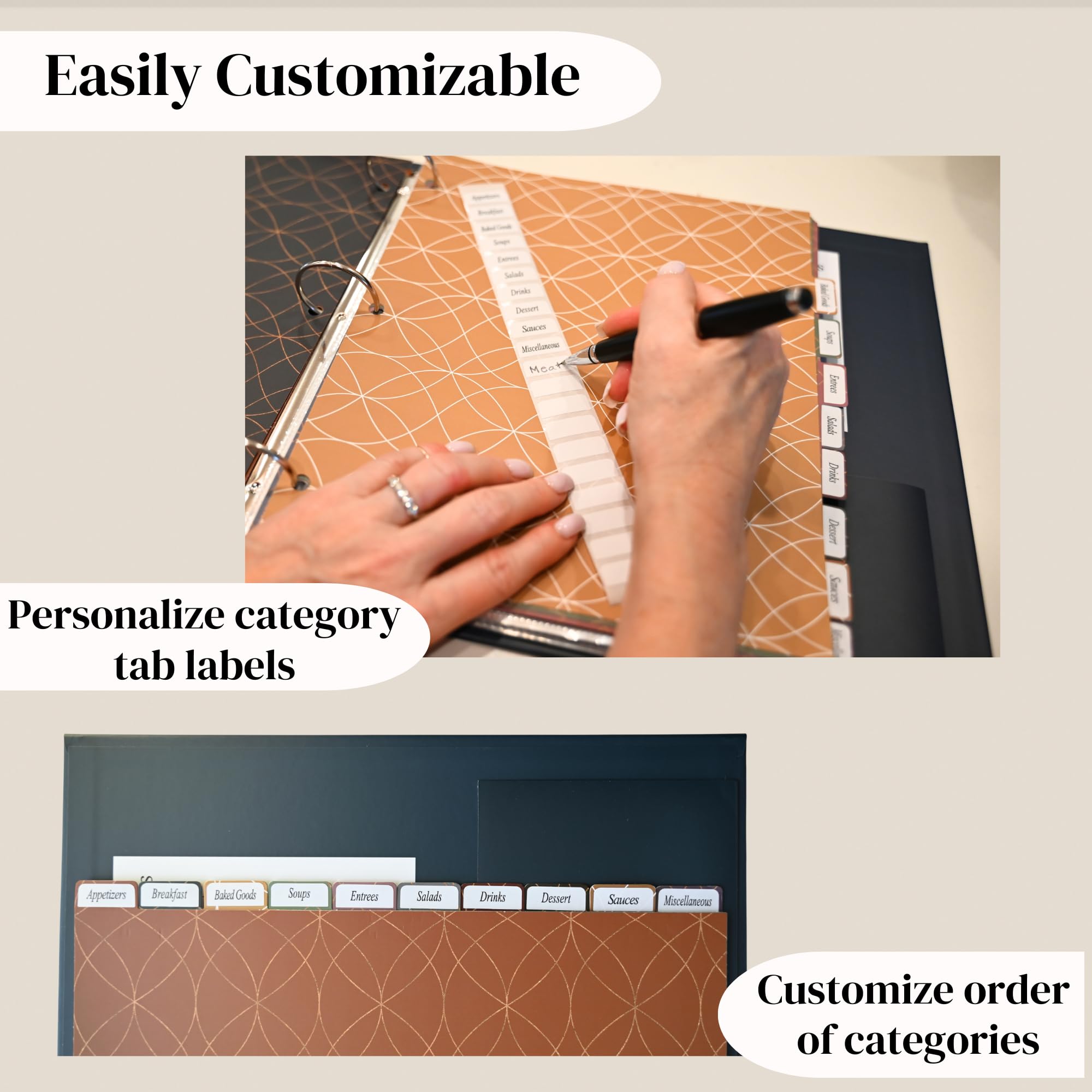 Raccoglitore per ricette con maniche in plastica, divisori personalizzati, etichette, raccoglitore per ricette vuoto, resistente all'acqua, 22 x 28 cm, organizer per libri di cucina a pagina intera a