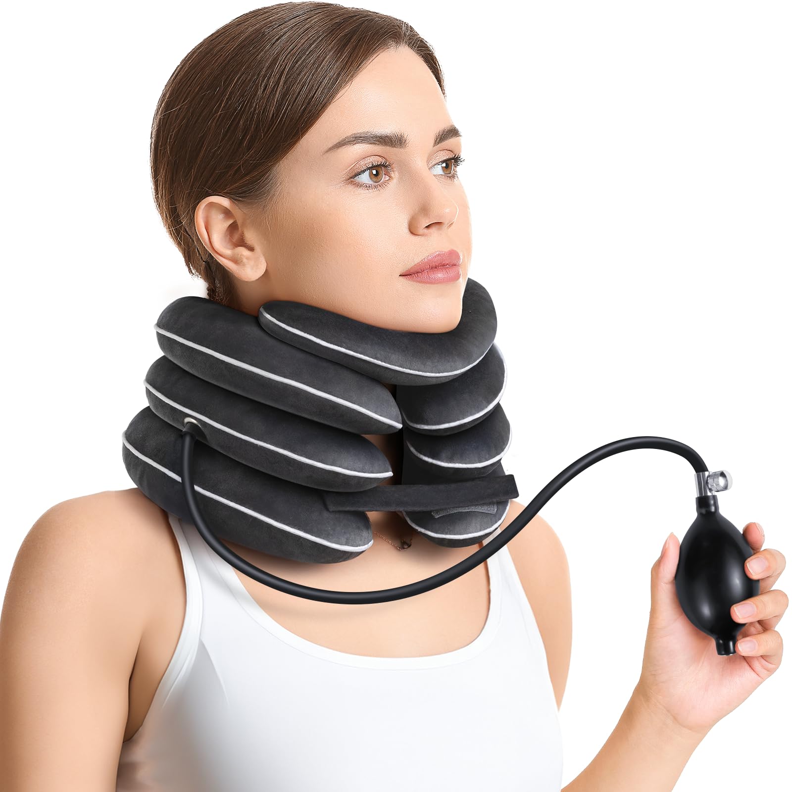 AUVON Cervical Neck Traction Device Inflatable Neck Stretcher with Innovative 3-Layer in Vary Sizes Decompression Design, Neck Brace for Instant Relief, Home Use Cervical Support