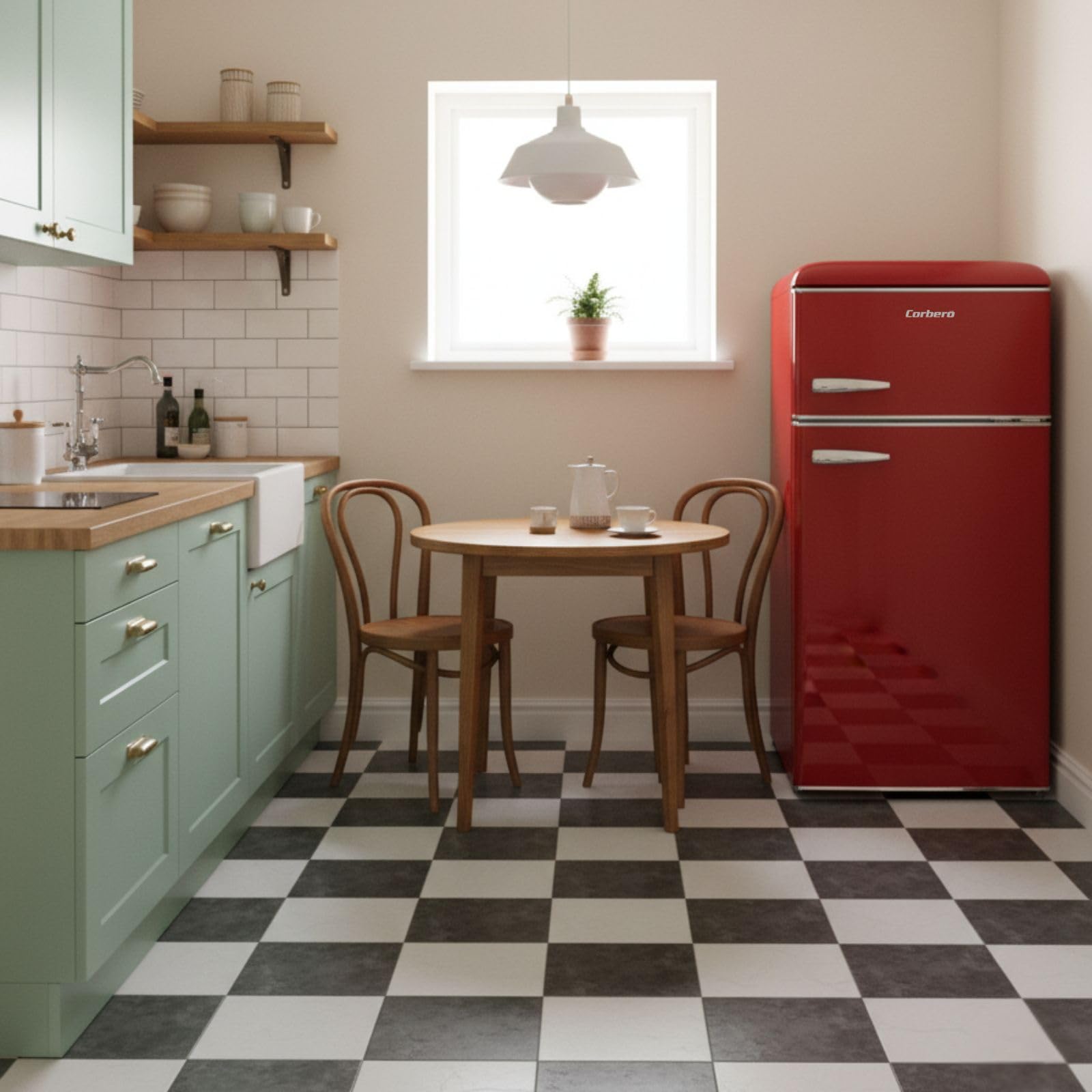 Corberó – lodówka retro statyczna, CF2PG90RR, 89 x 48 x 51 cm, pojemność 86 l, zamrażarka 26 l, 37 dB, światło wewnętrzne, szklane półki, nogi poziomujące, kolor czerwony