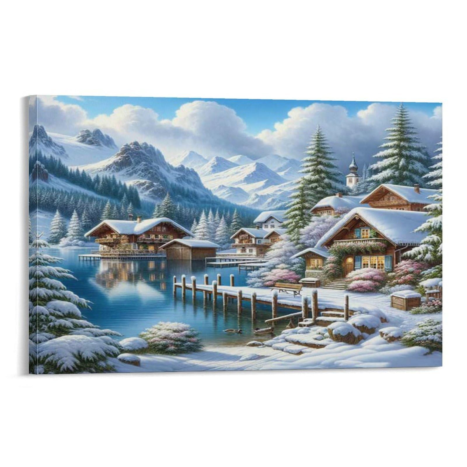 CPLVKWRQJ Snowy Alpine Village 1 Piece Snowy Alpine Cottages by Calm Lake Canvas Print - Office Wall Art Fade Resistant Wall Focal Art Statement Piece 20x30inch(50x75cm)