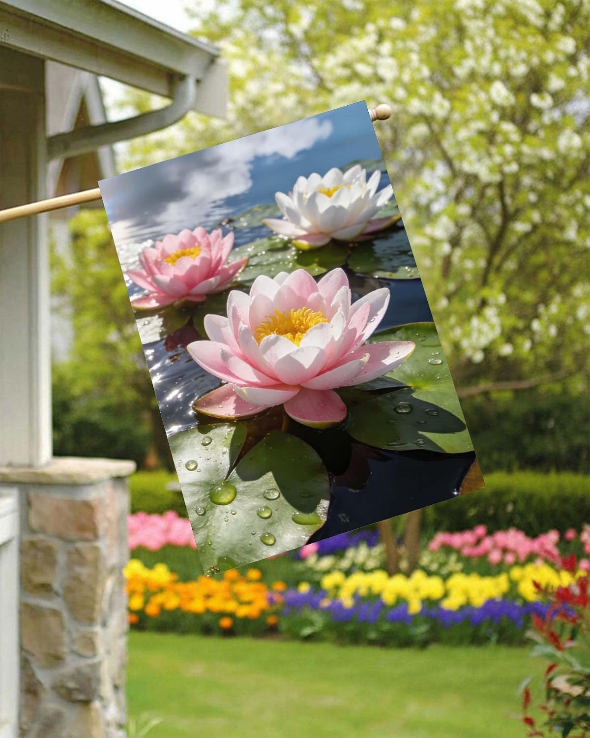 Retro Spring Summer Pink Lotus Flowers Leaves Nature Landscape House Flag 28" x 40" Double Sided Polyester Welcome Large Yard Garden Flag Banners for Patio Lawn Home Outdoor Decor