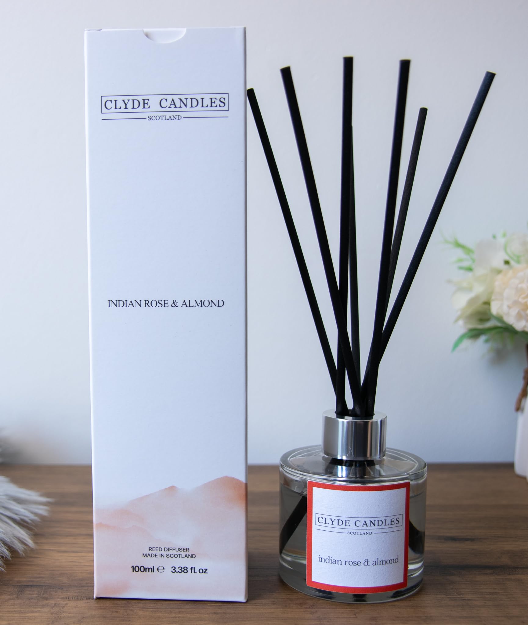Clyde Candles Black Indian Rose & Almond Reed Diffuser - Luxury Diffuser Oil With A Set Of 7 Fibre Sticks, Best Aroma Scent For Home, Kitchen, Living Room, Bathroom. Fragrance Diffusers Set With Sticks