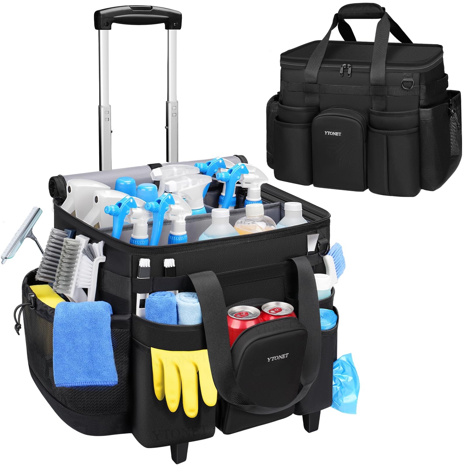 Ytonet Cleaning Caddy with Wheels, Large Rolling Cleaning Caddy Bag with Detachable Trolley for Housekeepers, Water Resistant Cleaner Supplies Organizer with Wheels for Kitchen, Car, Tool Organizer