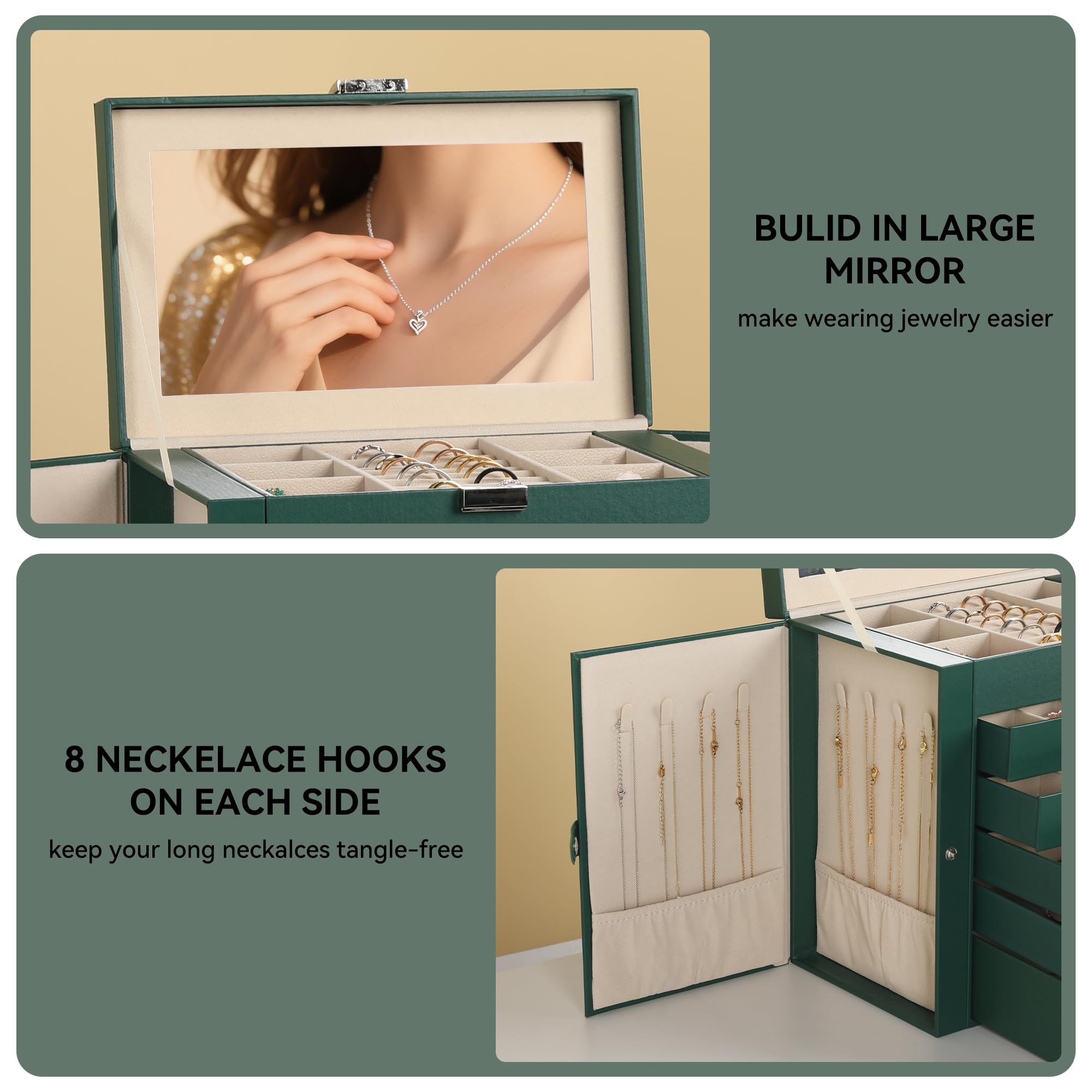 Frebeauty Grande portagioie a 6 ripiani, in pelle PU, organizer per gioielli con serratura, multifunzione, con specchio, porta accessori con 5 cassetti per collane, bracciali, orologi (bianco perlato