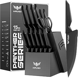 Knife Set - Haugo 15 PCS Kitchen Knife Set with Built in Sharpener - Dishwasher Safe Kitchen Knives - High Carbon Stainless Steel Knife Block Set with Ergonomic Handles - Panther Series