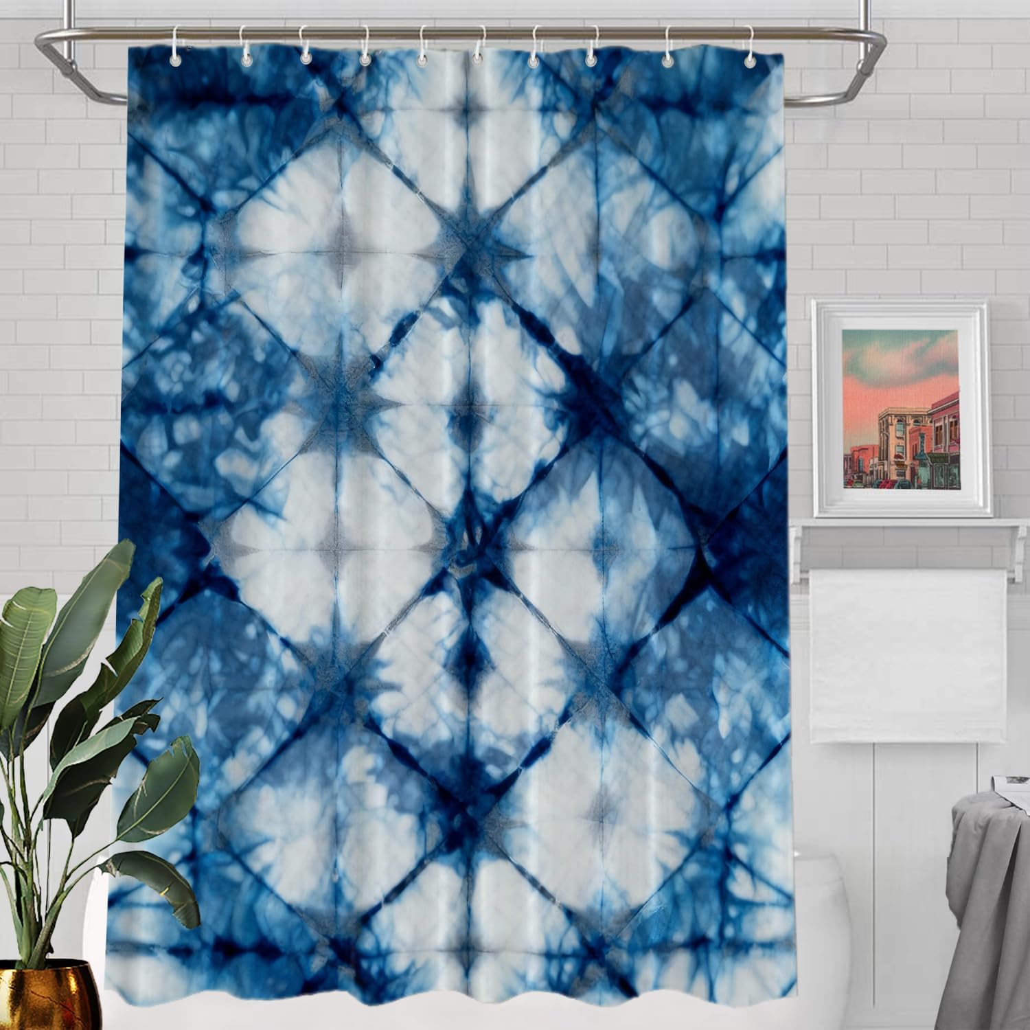 Batmerry Modern Art Blue Color Decorative Shower Curtain, Light Blue Tie Dye Shower Curtain Retro Long Wide with Rust Proof Grommets for Bathroom Farmhouse Bathtub Waterproof Washable