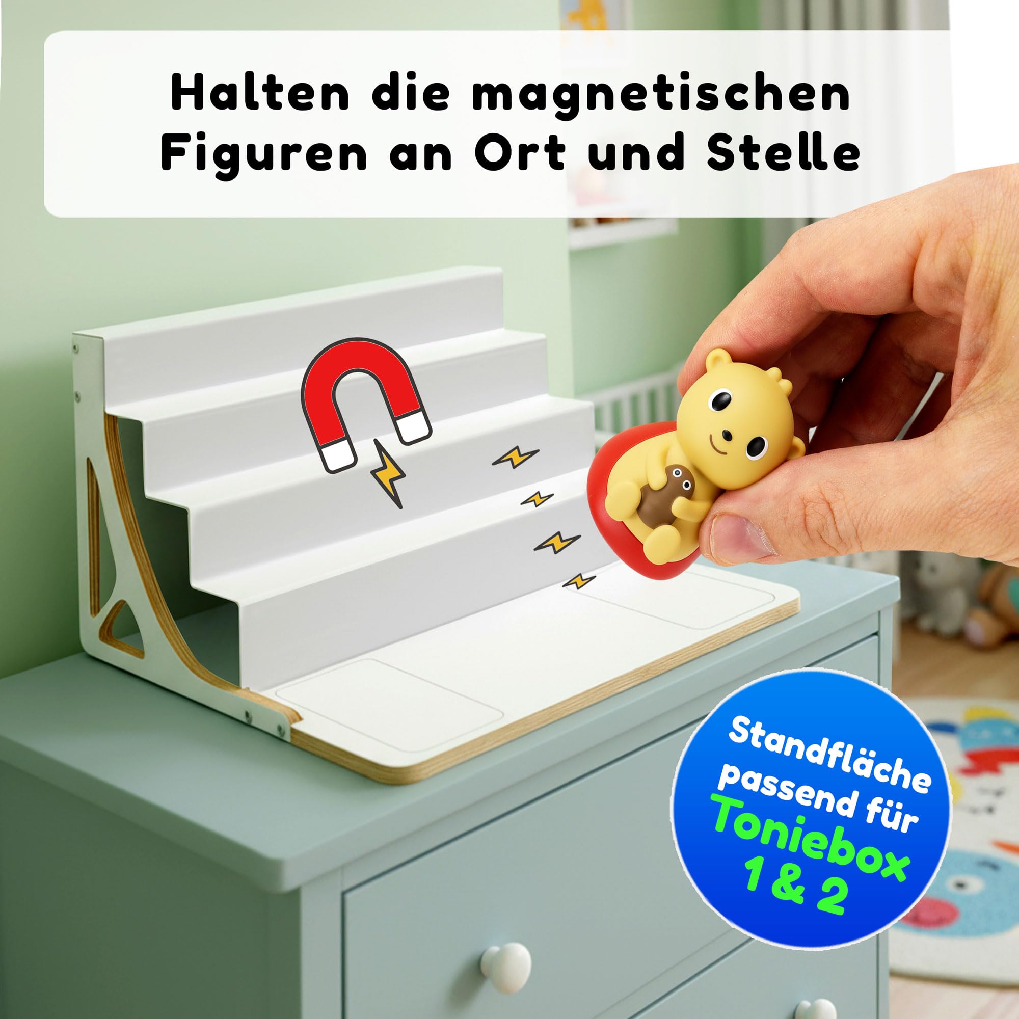 stadtecken® Magnetisches Regal für Musikbox-Figuren – Passend für Kallax und mehr | Optional mit Platz für Toniebox | Geeignet für ca. 40 Figuren | Weiß (BoxPlus)