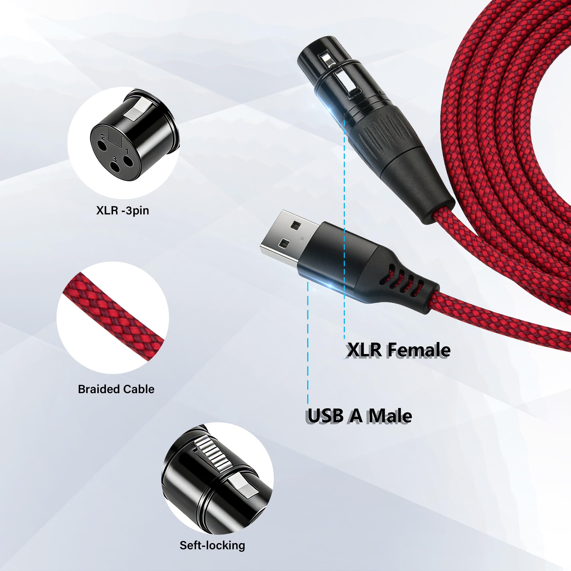 Cavo audio intrecciato da XLR a USB, 3 m, da XLR femmina a 3 pin a USB A, per microfono, connessione Devic di registrazione (3 m)