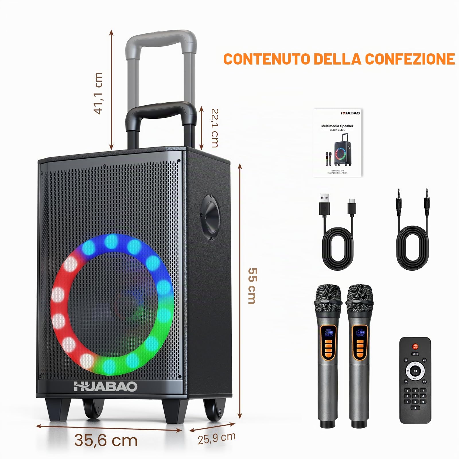 Grande altoparlante Bluetooth per karaoke con 2 microfoni wireless, sistema a 11 altoparlanti con batteria da 8800mAh, sistema PA su carrello con luci, telecomando, FM/AUX/USB/TF, bassi e alti
