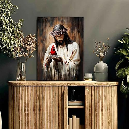 Miniatura 3 de Lienzo decorativo de Jesús y cardenal Jesús salva a los cardenalis, cuadro de decoración de pintura cristiana de Dios, espinas, pájaros rojos,