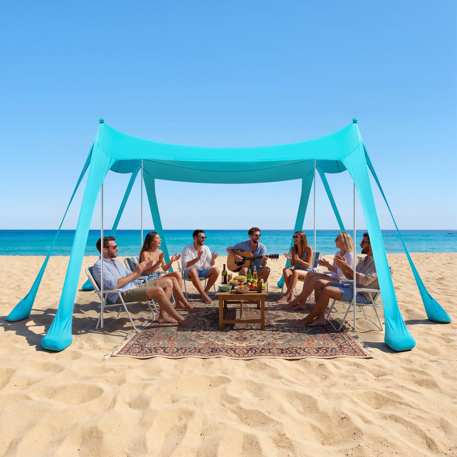 VEVOR Tenda da Sole Portatile da Spiaggia Parasole Portatile da Spiaggia Protezione Solare UPF 50+ Capienza ca. 4-7 Persone, Parasole con Pali di Supporto Sacchi di Sabbia per Viaggio Campeggio, Verde