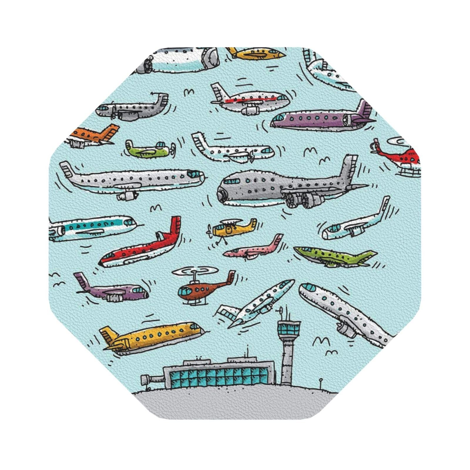 Cartoon Airplane PU Leather Coasters Set of 6 Octagon Drink Coasters