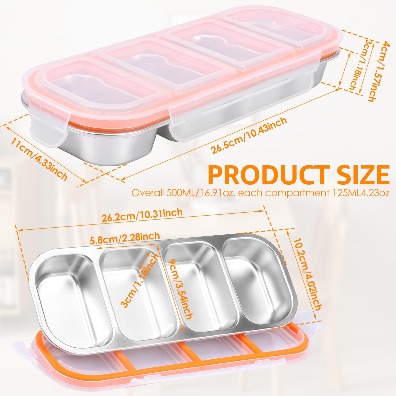 2 Stück Snackbox mit Fächern, Snackteller aus Edelstahl, Snackschale mit Deckel,Luftdichte & auslaufsicher, Unterteilte Snackdose, BPA-frei mikrowellengeeignet & Spülmaschinenfest(4 Fächern)