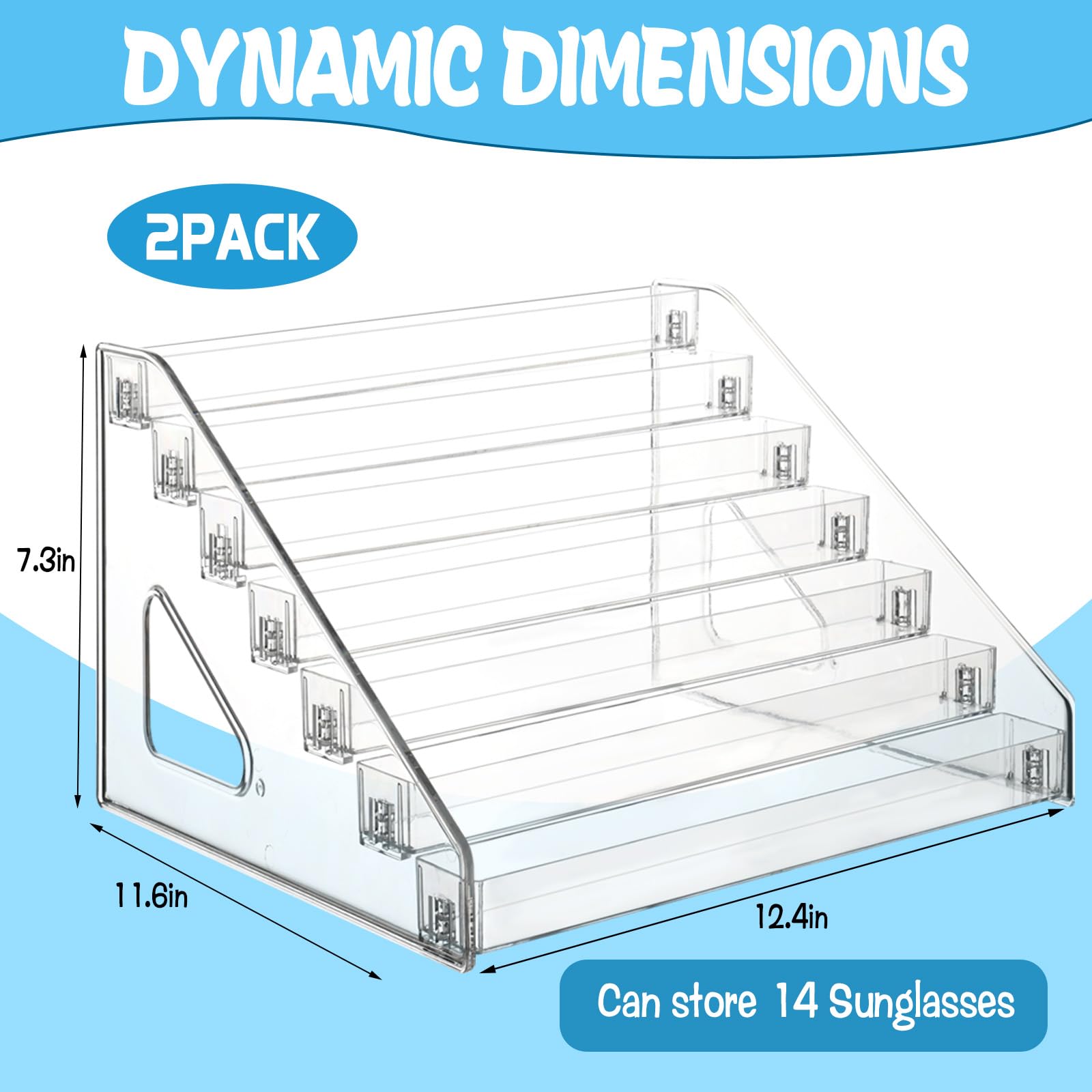 2 Pack 7 Tier Sunglass Organizer Stand, Versatile Clear Acrylic Sunglass Holder Display Stand Sunglass Storage Tray for Highlighting Glasses Makeup Nail Polish Graded Cards