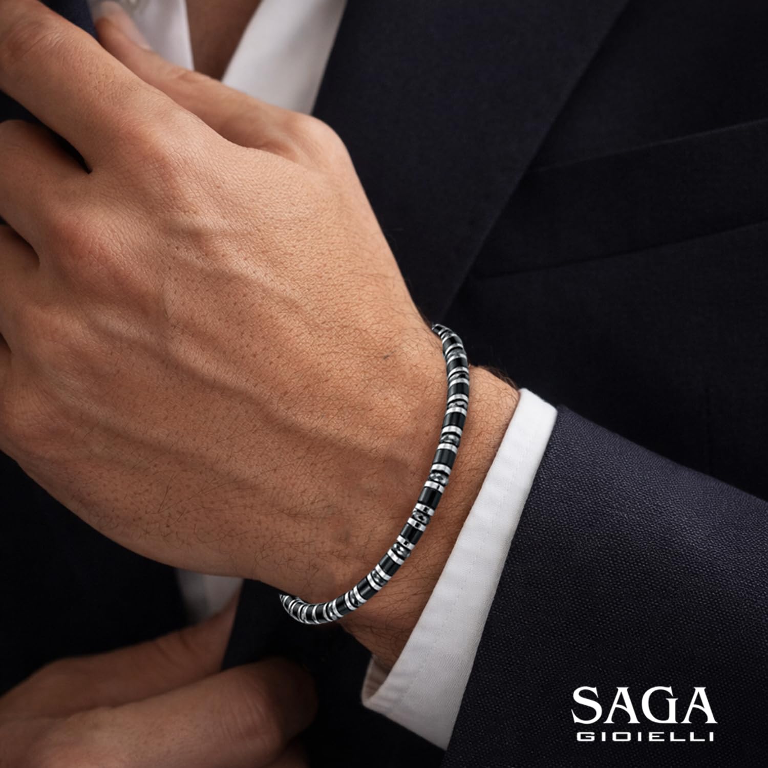 SAGA GIOIELLI® Bracciale Uomo Rondelle Pietre Dure Acciaio (ONICE E CRISTALLI)