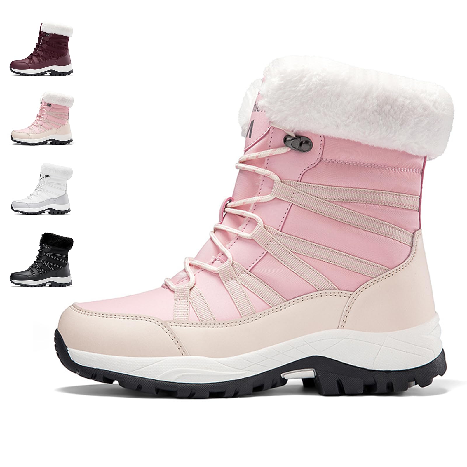 Womens Winter Snow Boots - Warm Fur Lined Mid Calf Booties Winter Comfortable Lightweight Anti-Slip Waterproof Ankle Walking