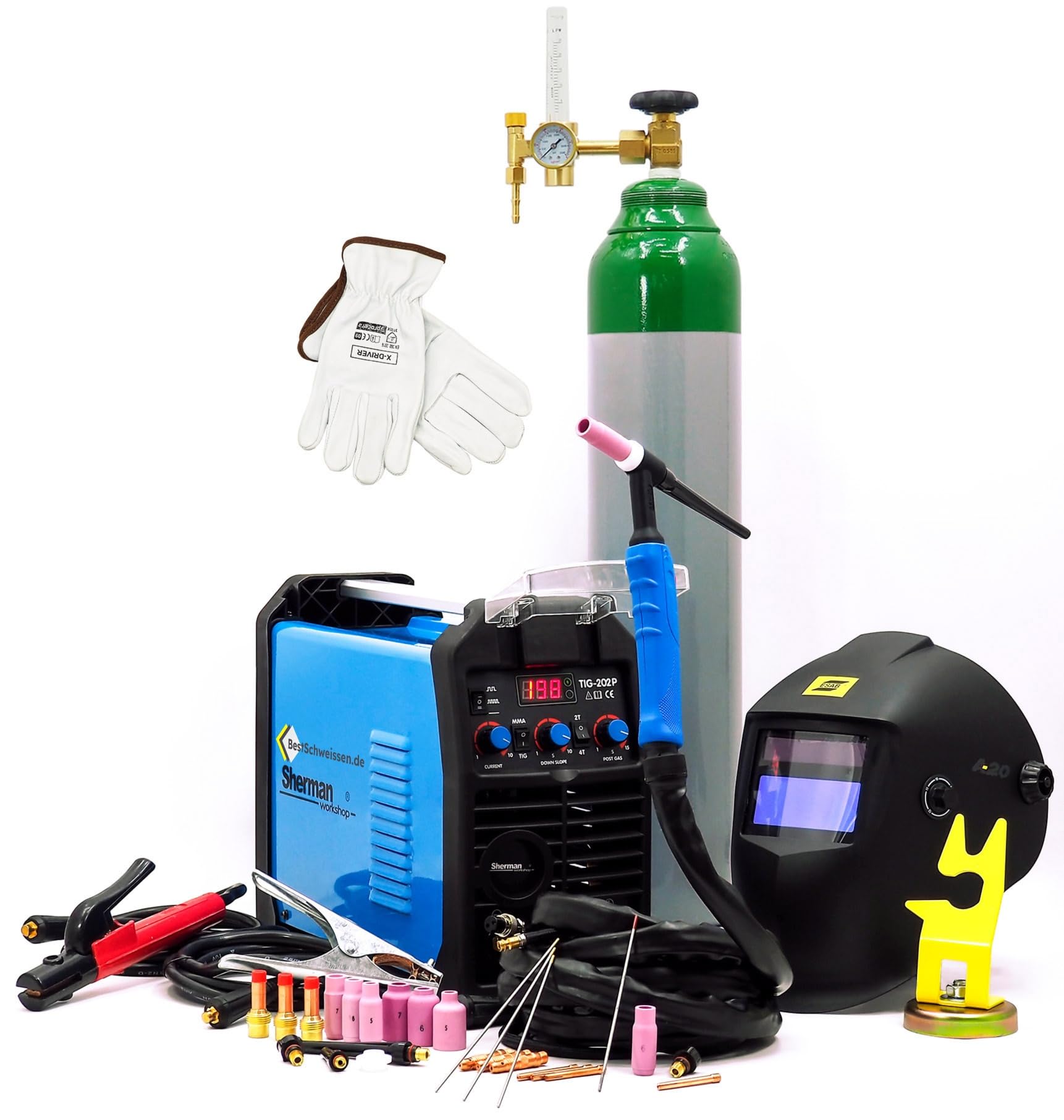 Sherman TIG 202P DC TIG Poste à souder 200 A IGBT Puls Kit avec bouteille de gaz Argon, casque de soudage automatique, gants de soudage, réducteur de pression, aimant de soudage