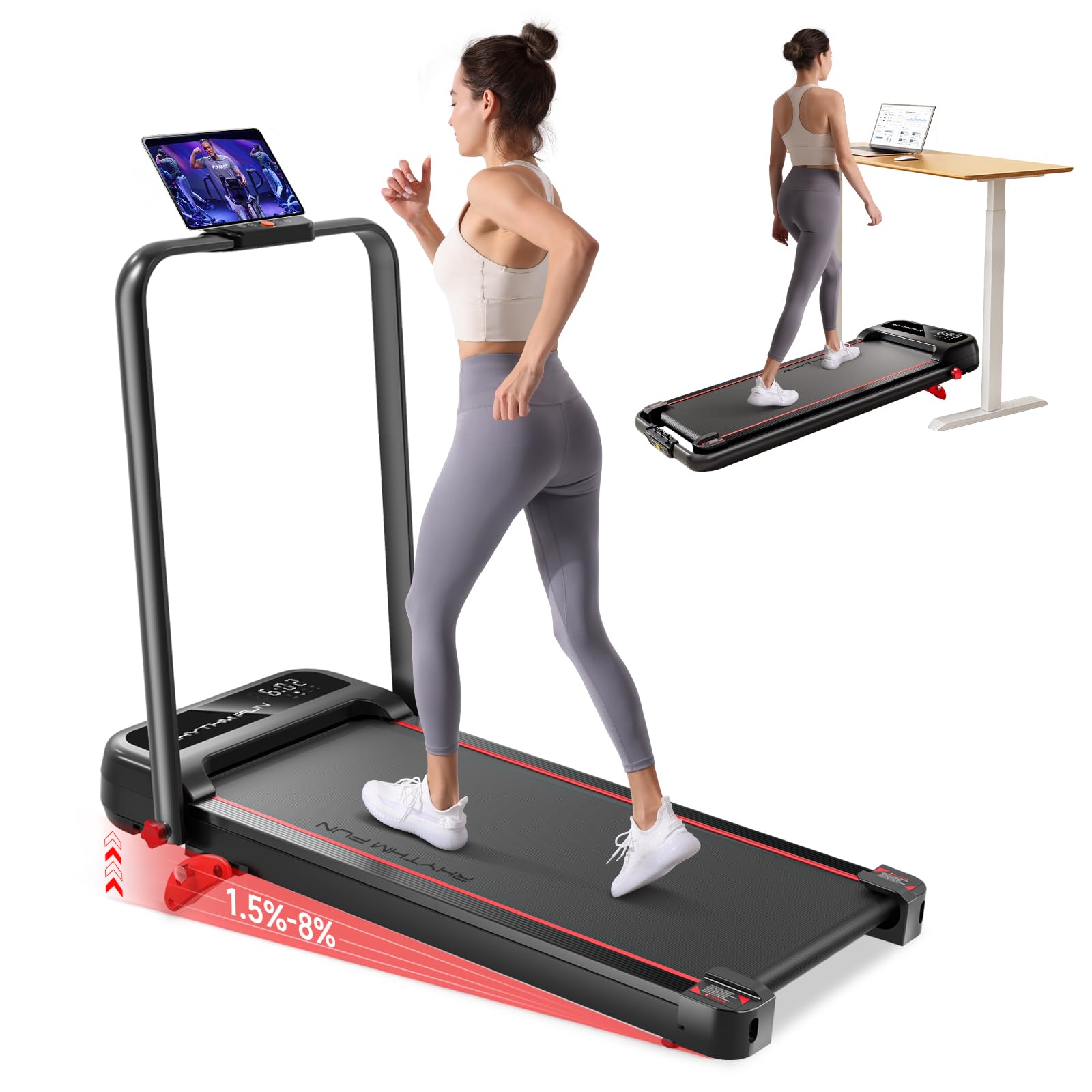 RHYTHM FUN Treadmill with Incline, Walking Pad with Handle Bar,300lbs Walking Pad with APP, Portable Folding Walking Treadmills for Home/Office with Low Noise