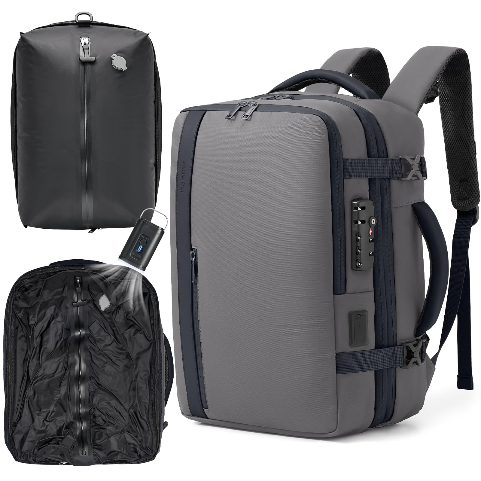 Fanwoli Fanwoli Vacuum Travel Backpack, Carry On Luggage with TSA Lock & Anti Theft Zipper, 60L Expandable Airbag Backpack with Compression Pump, Waterproof Laptop Bag Ideal for Flight & Business,Grey