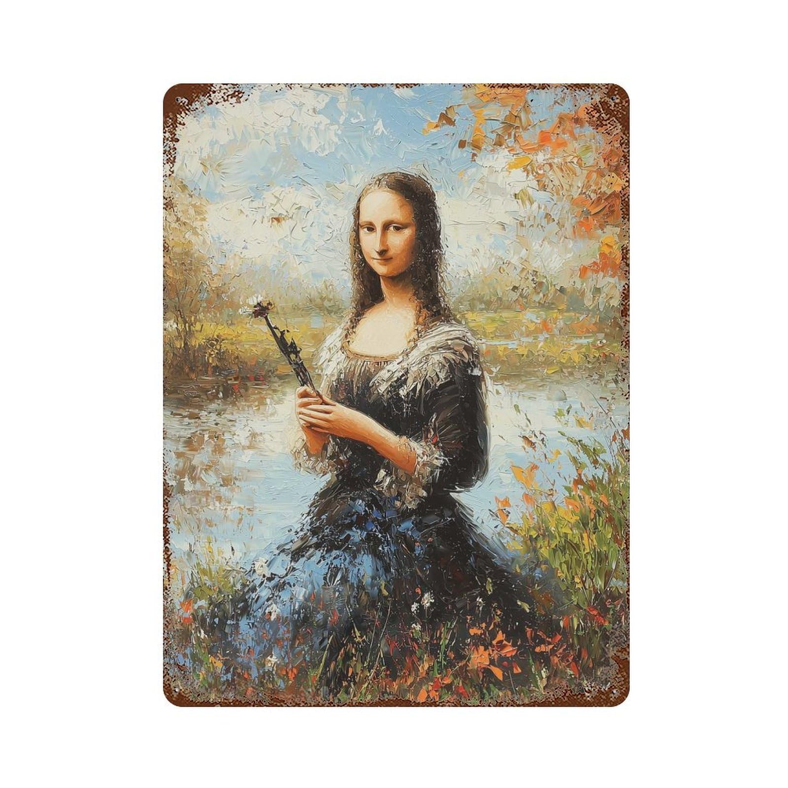 Impressionist Inspired Mona Lisa Decorative Tin Sign 15.7"x11.8", for Bistro, Counter And Cafe Decor, Retro Wall Decor
