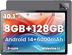 Azeyou Tablet de 10,1 polegadas, tablet Android 14, tablets de 8 GB 128 G, processador Octa Core bateria de 6000 mAh, tela sensível ao toque IPS 1280 x 800, câmera dupla de 5 + 8 MP, Bluetooth, GMS