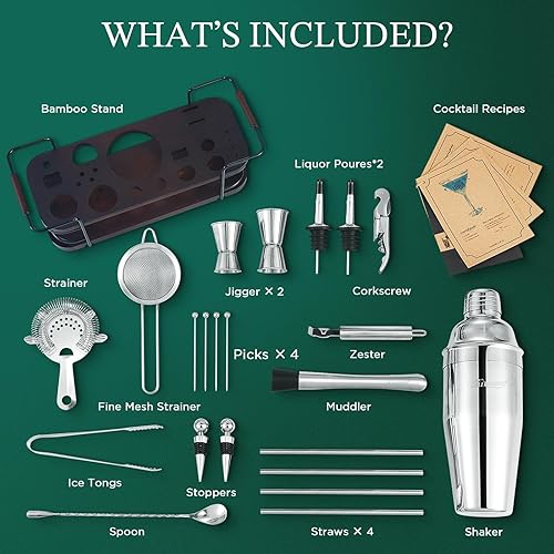 Miniatura 4 de KITESSENSU Juego de coctelera con soporte  Kit completo de cóctel de 24 piezas con todos los accesorios de bar coctelera de Martini, Jigger, Muddler
