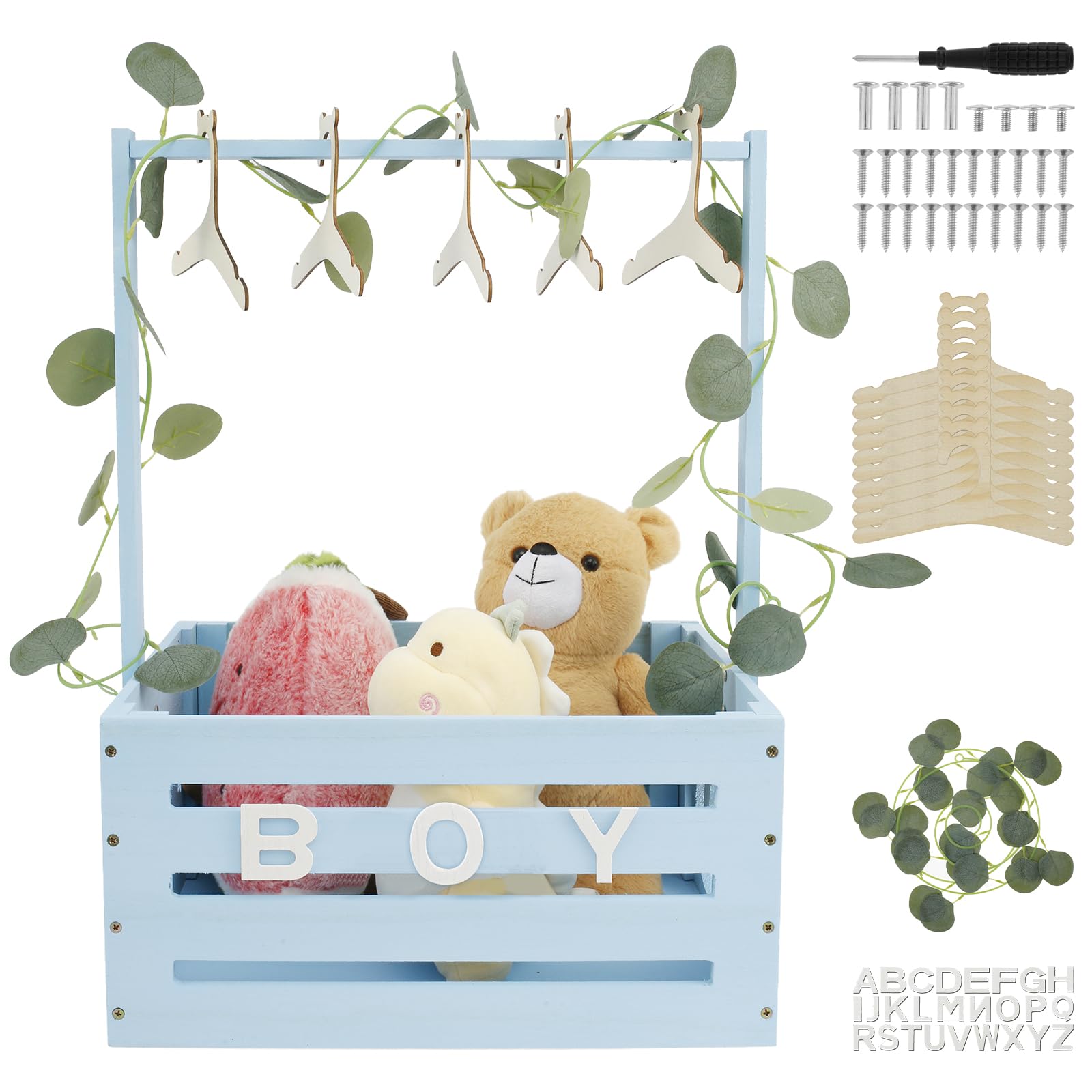 Babykorb mit Griff, Holz Babyparty Schrank Praktischer Holzkiste für Babyparty mit Stange,Schrank für Babypartykisten aus Holz Wäschekorb Kinder Holz Baby Shower Geschenk (Blau)