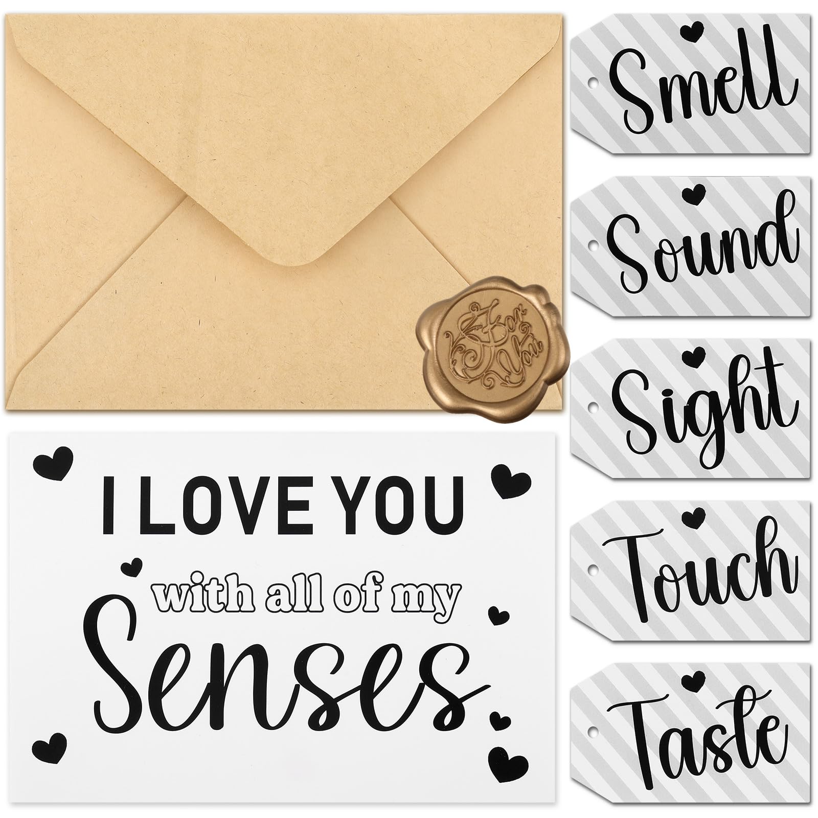 Motiskyy Five 5 Senses Gift Cards for Him Her with Labels Set I Love You with All of My Senses Gift Greeting Card for Anniversary Birthday Valentines