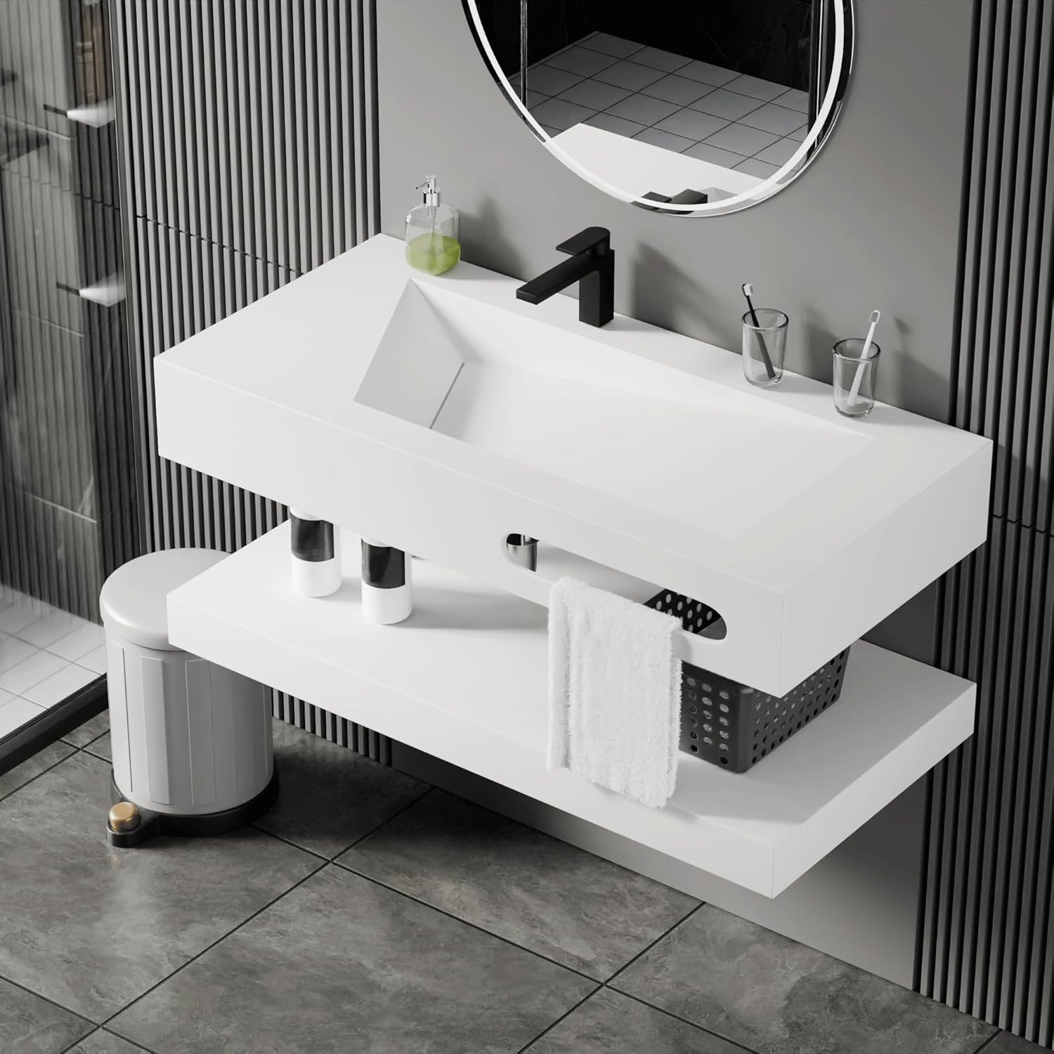 GESIPOR 40"x19" Wall-Mount Stone Resin Bathroom Sink Rectangular Vessel Sinks for Bathroom Floating Vanity Sink Trough Modern Art Basin with Shelf Layer