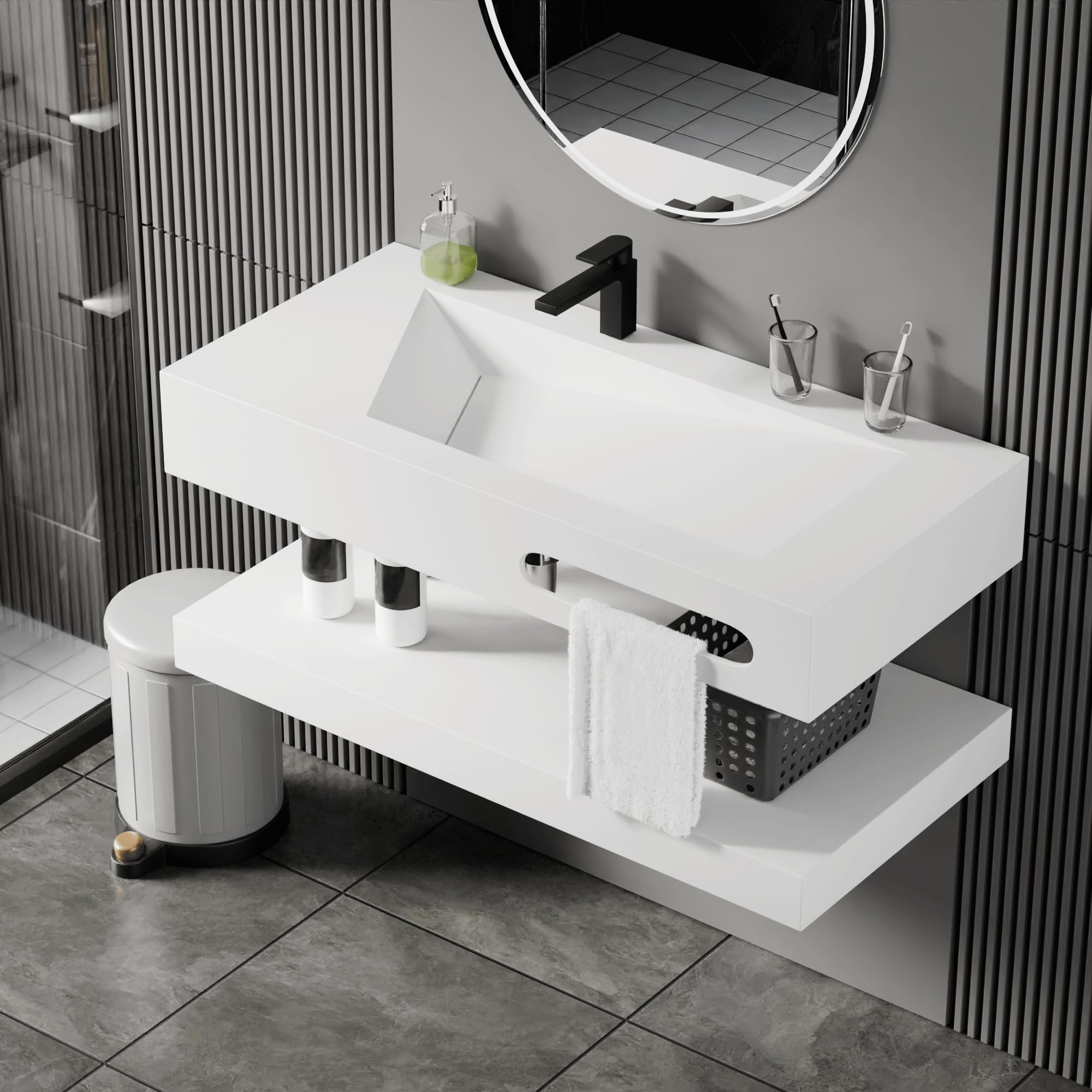 Gesipor 40"x19" Wall-Mount Stone Resin Bathroom Sink Rectangular Vessel Sinks for Bathroom Floating Vanity Sink Trough Modern Art Basin with Shelf Layer