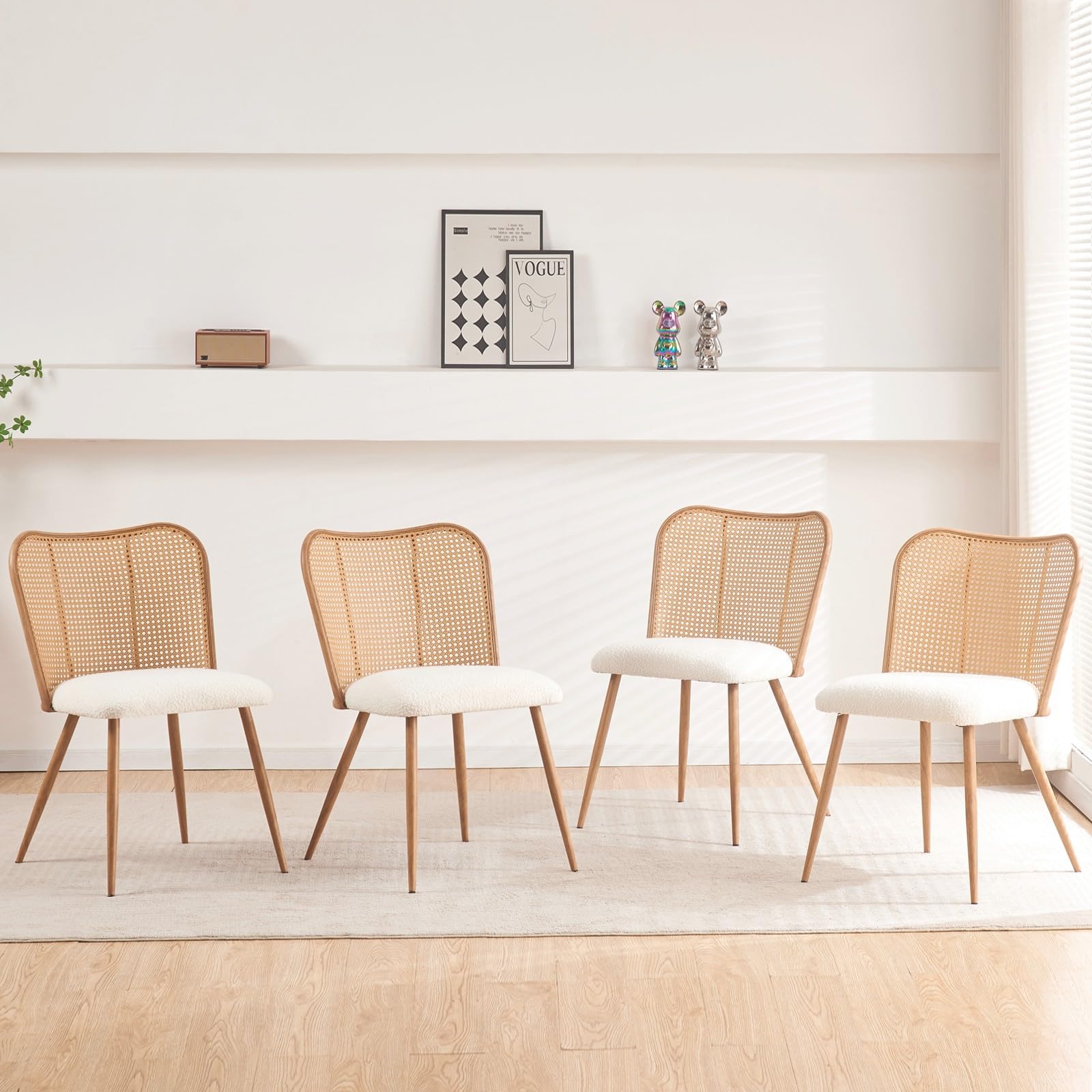 JALOURT Rattan Dining Chairs Set of 4,Modern Chairs with Cane Back Upholstered Boucle Kitchen Chairs Armless Side Chair with Metal Legs for Dining