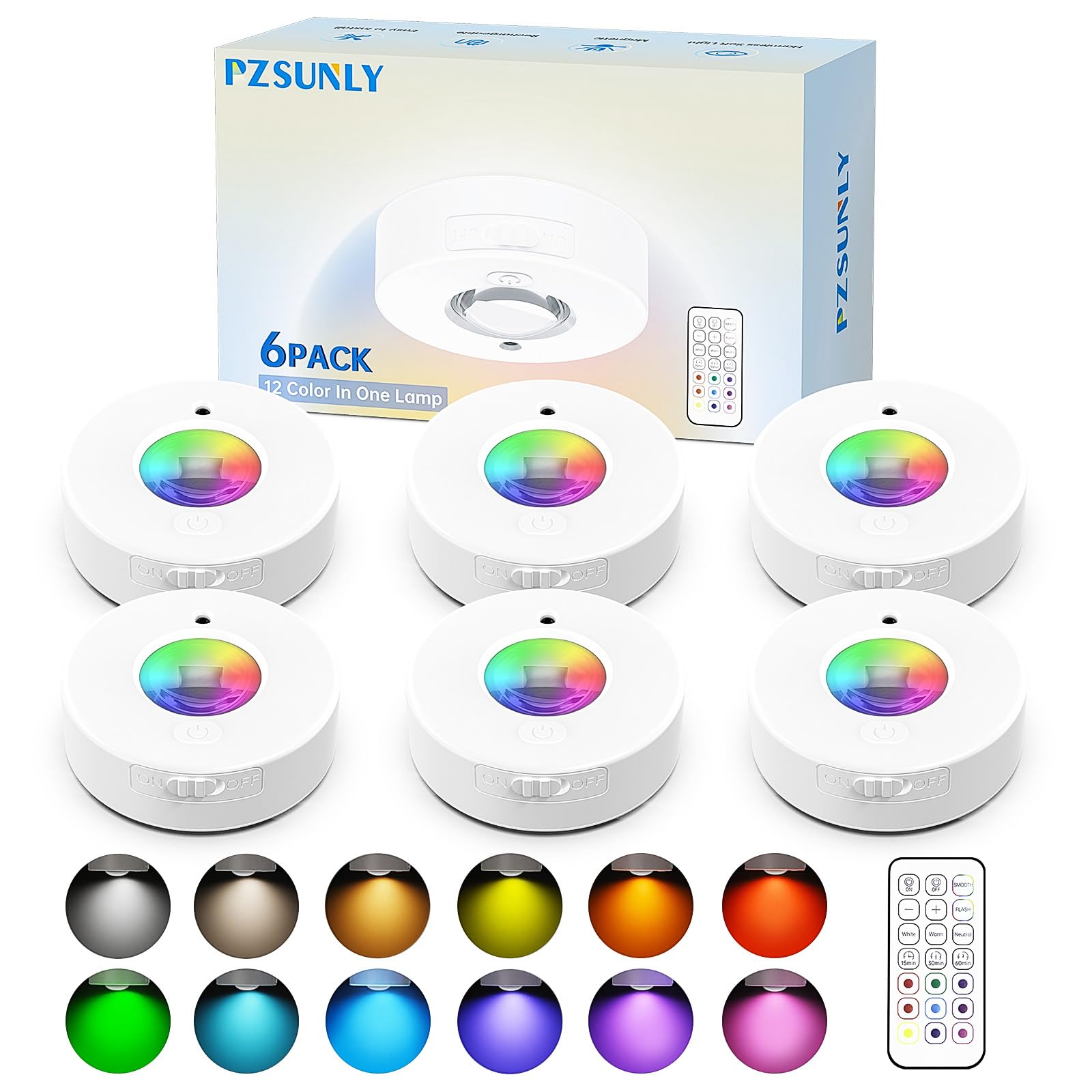PZSUNLY Luz Led Pilas, 12 Colores RGB Luz Nocturna Inalámbricas con Mando a Distancia, 6 Piezas Led de Cocina Bajo Armario de Diseño Magnético para Pasillo, Escalera, Dormitorio, 1200mAh