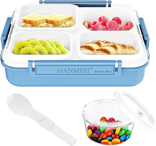 Miniatura 1 de HANMFEI Lonchera Bento, lonchera para adultos de 50.7 fl oz, lonchera de 4 compartimentos para niños con salsa a prueba de fugas (azul,