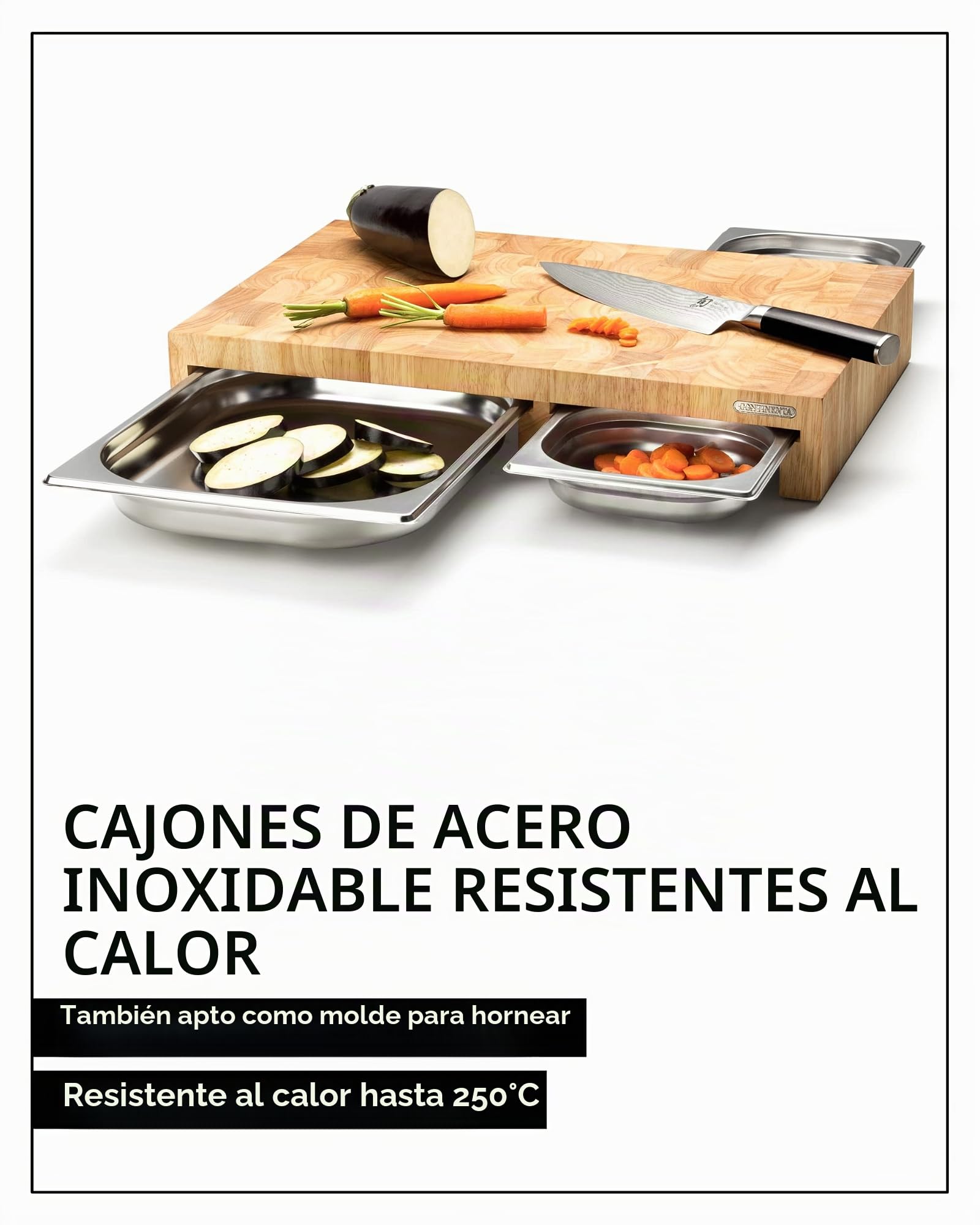 Continenta multifunción de Tabla para Cortar de Madera, con 3 cajones de Acero Inoxidable, 50 x 32,5 x 8 cm