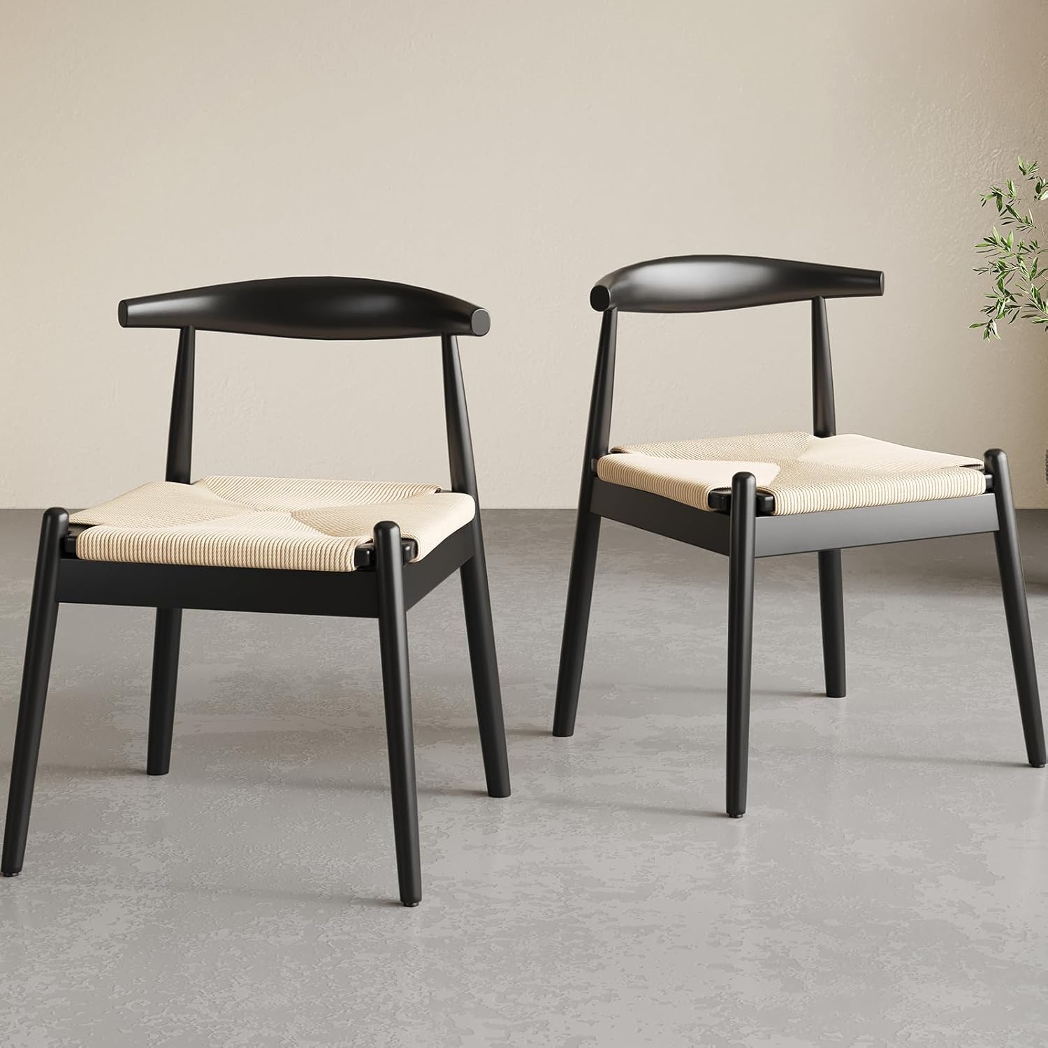 Dining Chairs Set of 2, Kitchen & Dining Room Chairs for Dining Room, Mid Century Modern Dining Table Chairs with Solid Wood Legs Black-beige, Woven Rope