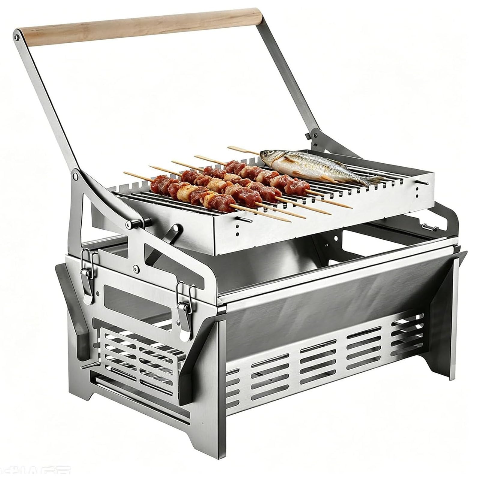 PioMue Rotating Charcoal Grill with Flipping Basket, Portable Stainless Steel BBQ,360° Rotating BBQ Cooking Grid for Camping, Yard, Picnic, Party, Garden Cooking