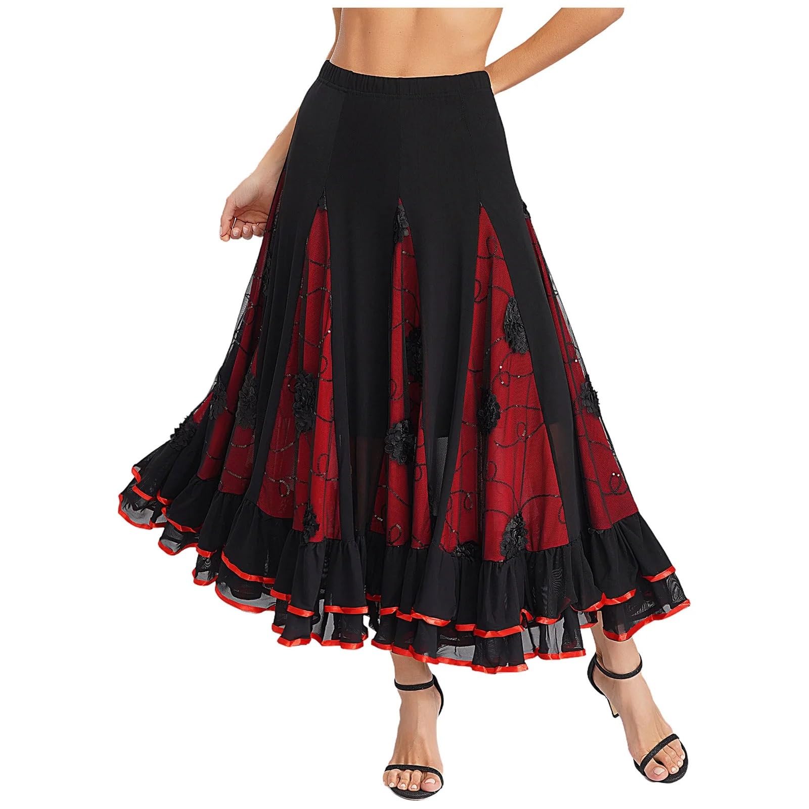 Falda Flamenca Mujer Faldas largas con Volantes y Lentejuelas for Mujer, Traje clásico for Flamenco, vals español, Baile de salón, Faldas largas con Flores y Lentejuelas.(Black)