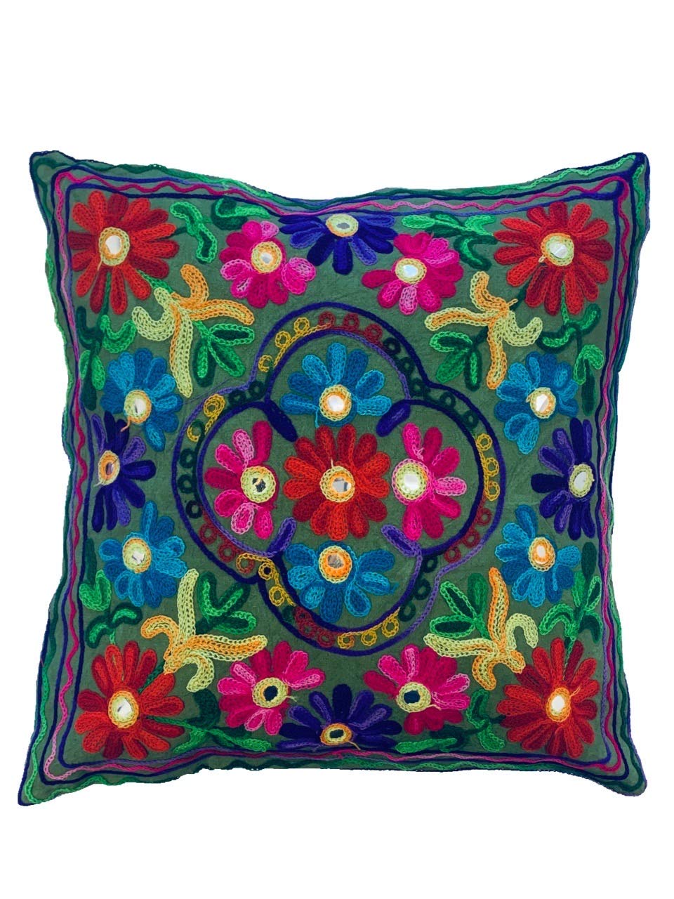 Original Kikan Suzani Multi Colour Floral Embroidery 16"x16" 40 x 40 cm Indian Ethnic Cushion Cover Takiya Sofa pillow Zipper Back (DARK GREEN)