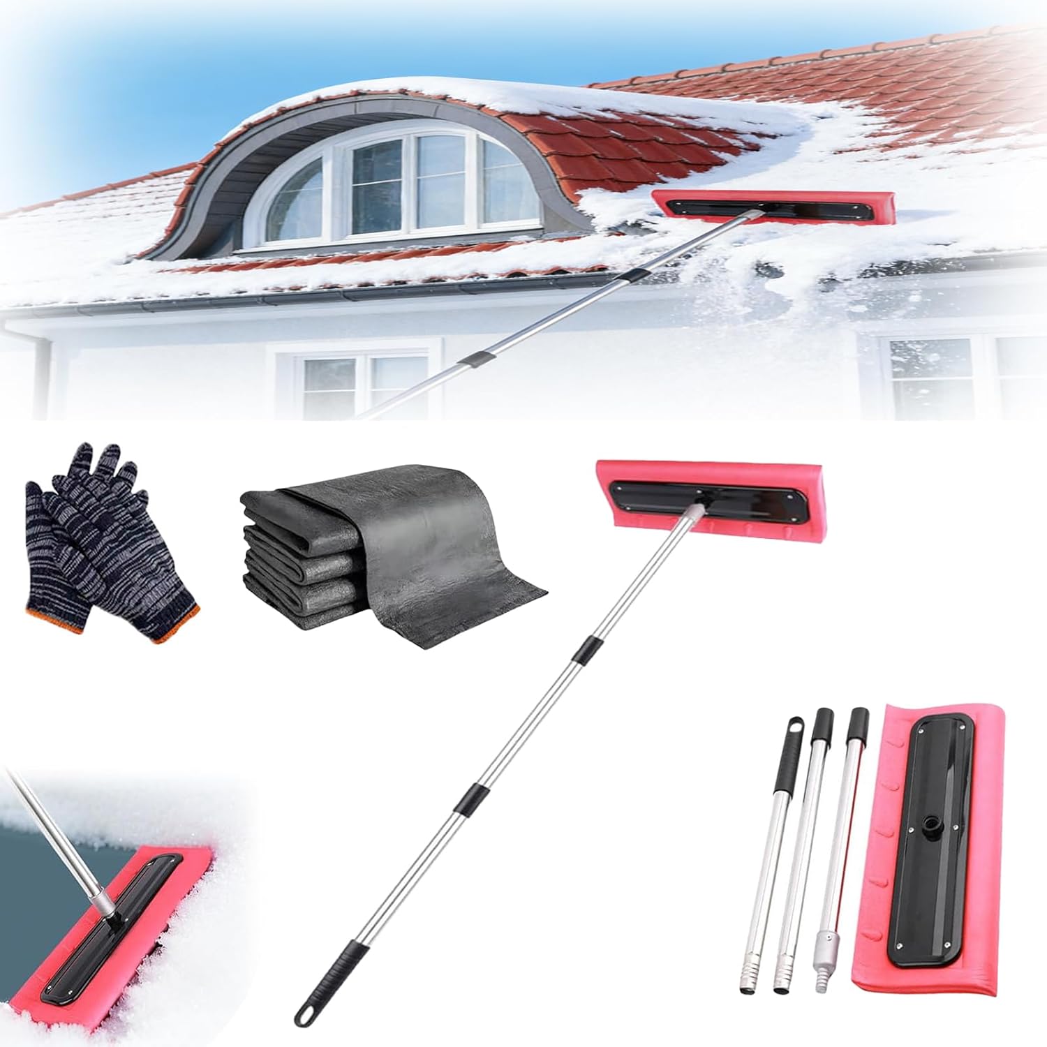 2026 New Adjustable Telescoping Snow Roof Rake(78-157in), Snow Rake for House Roof Telescoping, EVA Push Plate Stainless Steel Telescopic Pole for Roof Car Outdoor Snow Cleaning (157.5in)